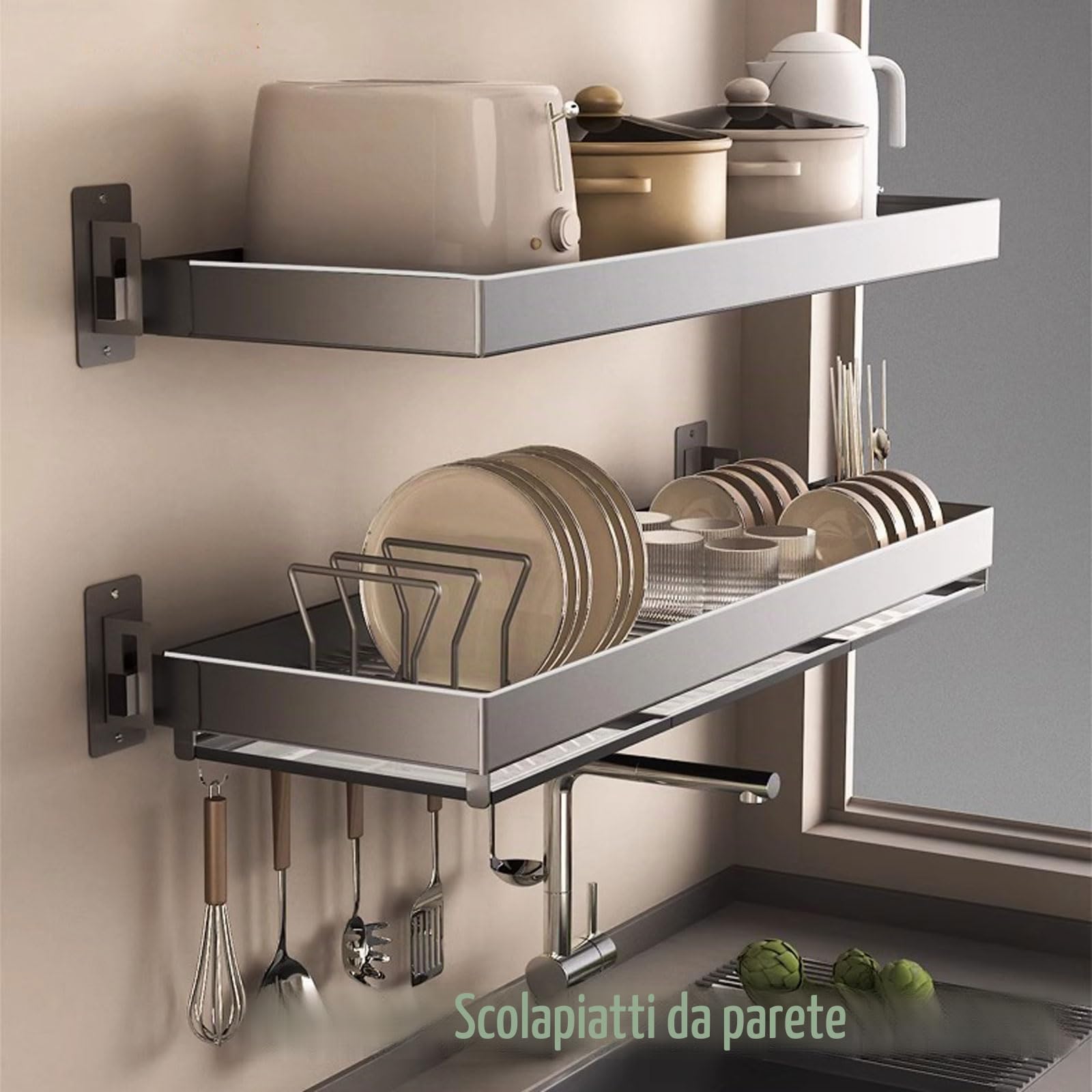 Scolapiatti da Parete in Acciaio inoxs,Scolapiatti da Cucina di Grande capacità,Scaffale per Stoviglie con Scolapiattis,Salvaspazio,per Piatti,Ciotole,Tazze,cucchiai e forchette