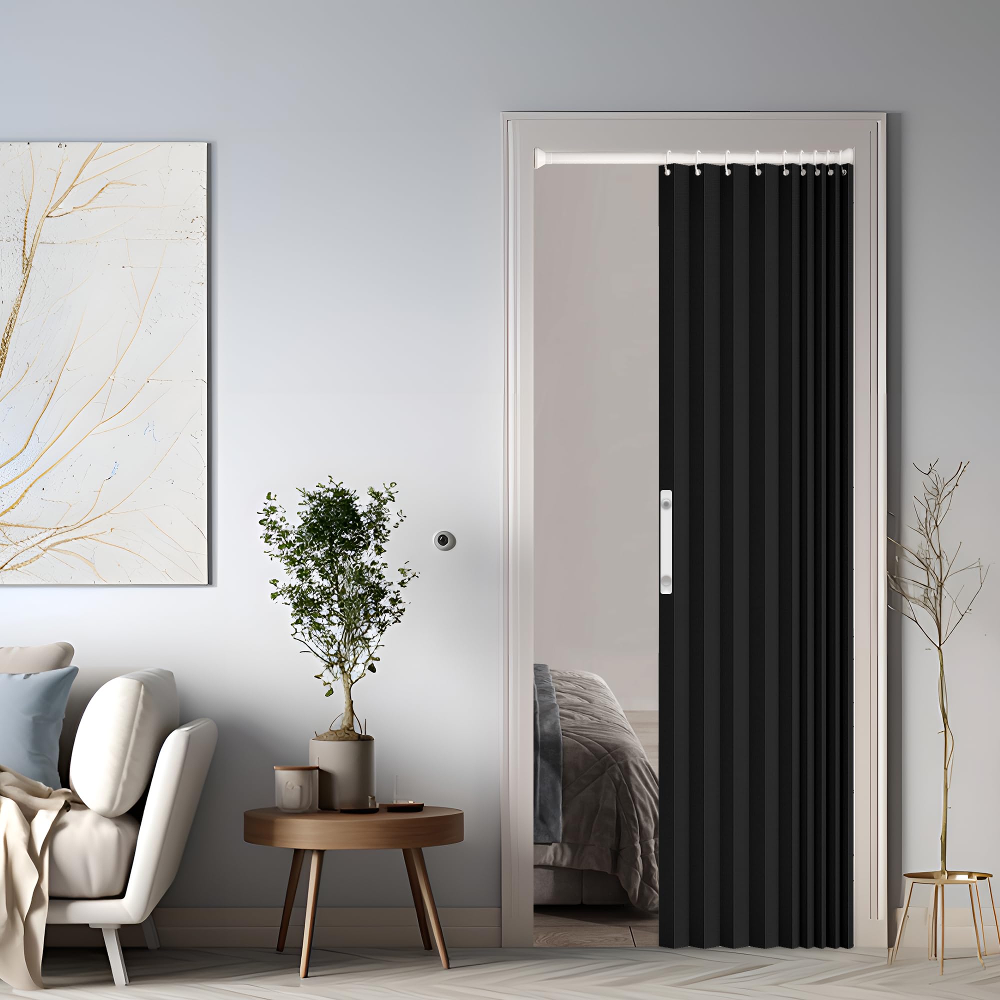Magnetischer Türvorhang mit Verdunkelung, Faltbarer Raumteiler für Bad/Schlafzimmer/Wohnzimmer, Akkordeon-Design (Black)