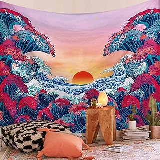 Rcbmn arazzo con onde dell¡¯oceano e tramonto in 3D, arazzo giapponese per pareti, Onda oceano., 51.2