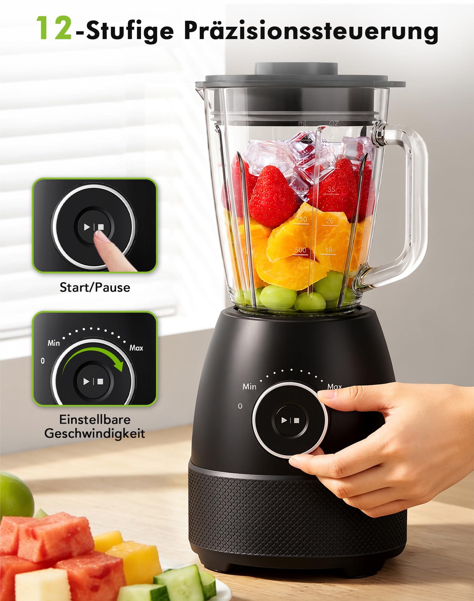Mixer, Smoothie Maker, Standmixer, 1500 Watt Hochgeschwindigkeits Mixer Smoothie Maker mit 1,5L Glasbehälter, 600ml Flaschen BPA frei Tritan, einstellbare Geschwindigkeit für Smoothies, Mixen