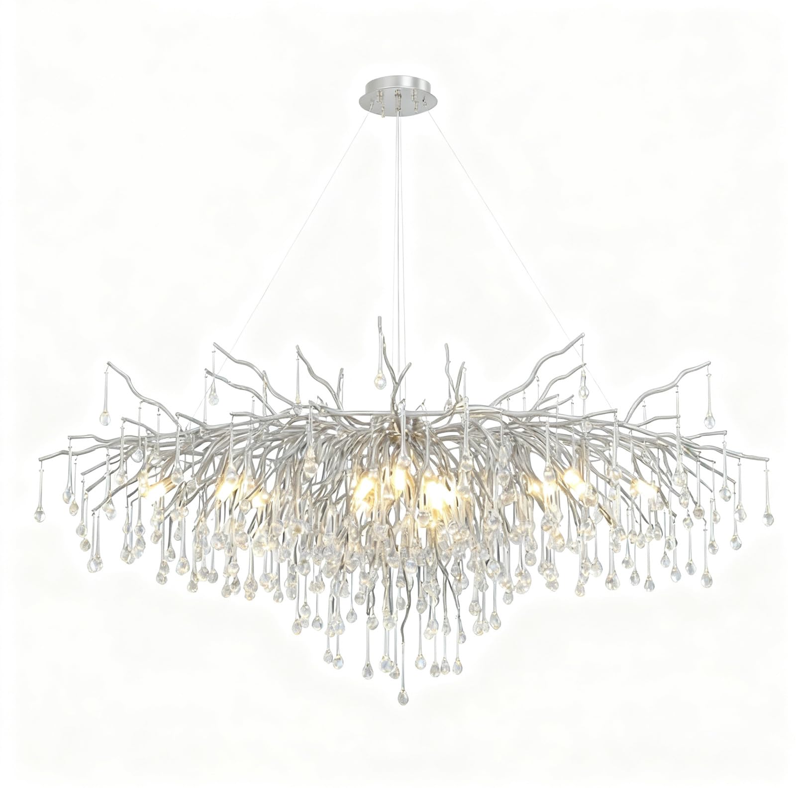 KXEcoLife Modern Crystal Rectangular Chandelier, Tree Branch Raindrop Chandelier Light Fixtures Large Kitchen Island Hanging Fixture for Living Room, Dining Foyer,Silver L140cm