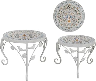 Rustic Metal Plant Stand Set of 2 Indoor & Outdoor Round Ceramic Top Mos...