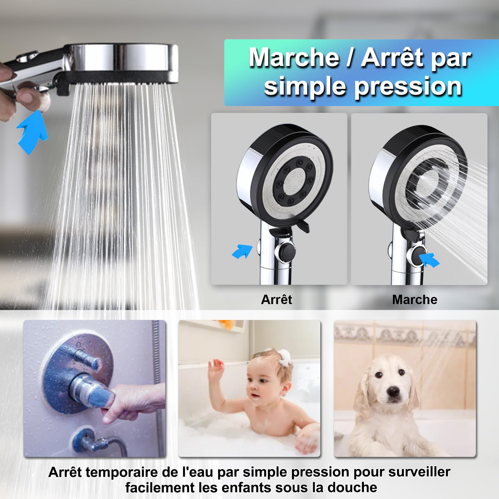 Pommeau Douche avec 4 Pp Filtres - Pommeau De Douche Haute Pression Anti Calcaire, Douchette Douche Salle de Bain avec 5 Modes de PulvéRisation, Chromé (Sans Tuyau ni Support)