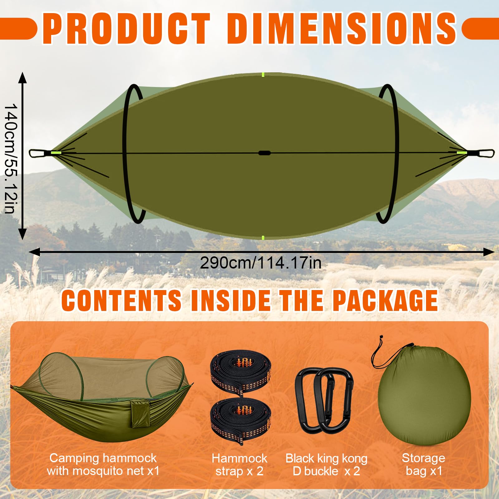 Ultra-Light Reisecamping Hängematte Moskitonetz Hängematte, 300 kg Tragkraft, atmungsaktiv Schnelltrocknendes Fallschirm-Nylon, 290 x 140 cm