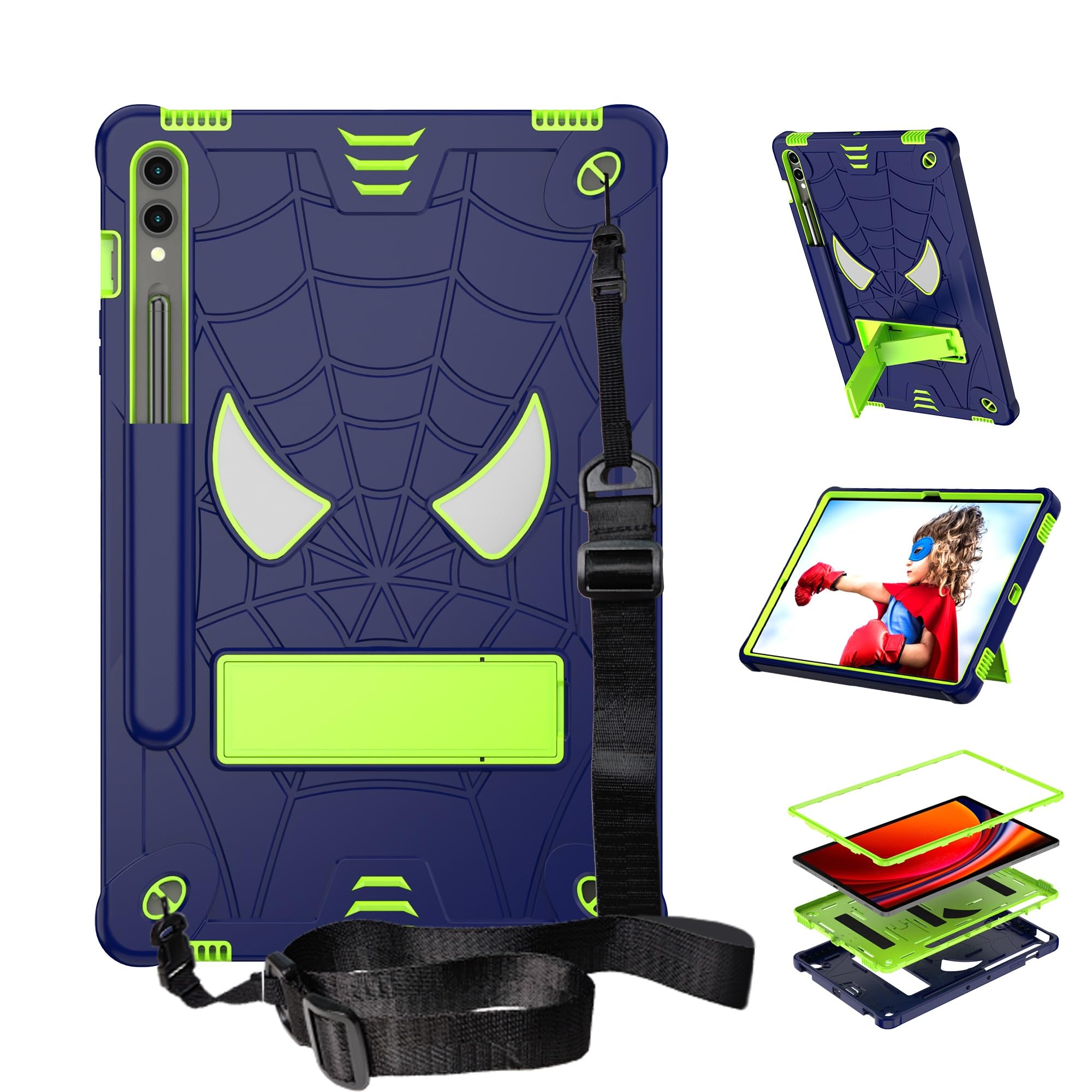 Etui dziecięce kompatybilne z Samsung Galaxy Tab S9+ 31.5 cm/Tab S9 FE+ 2023 31.5 cm, odporne na wstrząsy, pokrowiec dziecięcy, wbudowany pasek na ramię i stojak, ukryty, niebieskie +