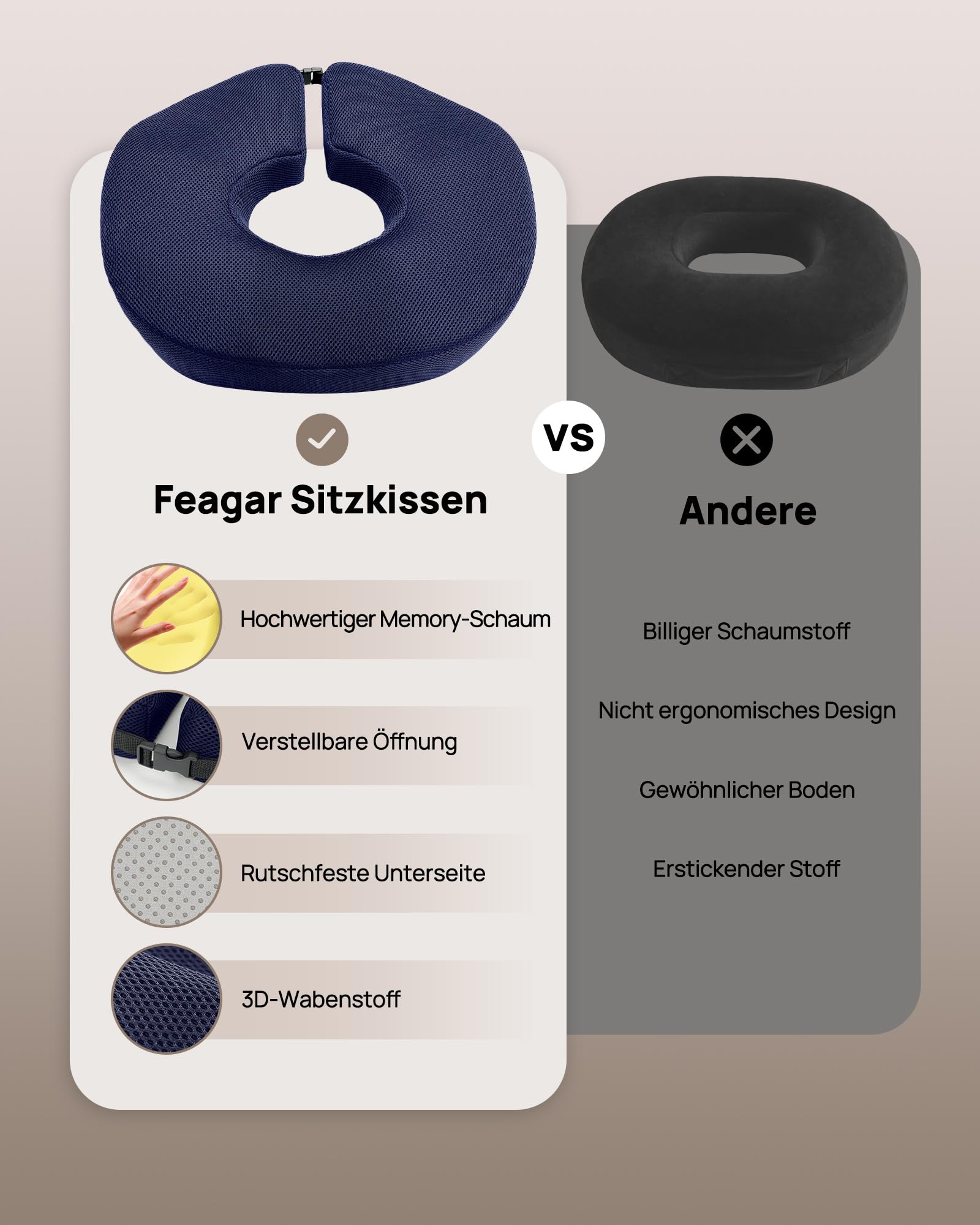 Feagar Cuscino Coxis Emorroidi in Memory Foam Cuscino Sedia Ufficio e Auto Driver Antidecubito con Anello Regolabile, Alleviare la pressione del coccige e Sciatica