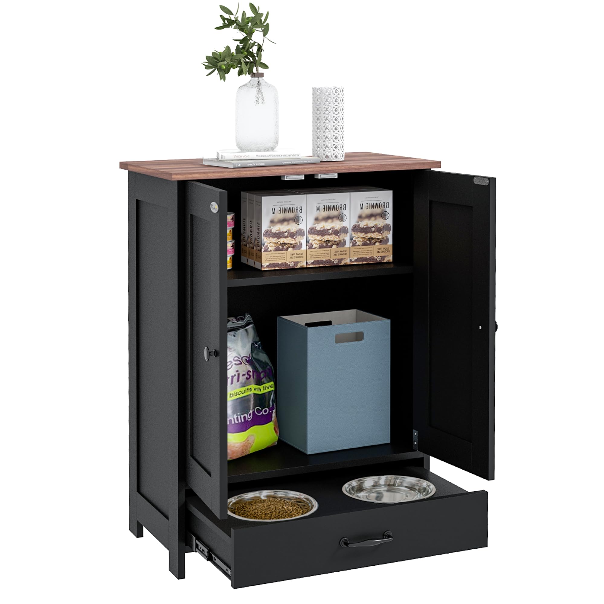 Qiaoxuan Pet Feeding Station with Dog Food Storage Cabinet, Elevated Dog Bowl Stand with 2 Stainless Steel Bowls, Dog Proof Hidden Design, Pet Toy Storage Organizer