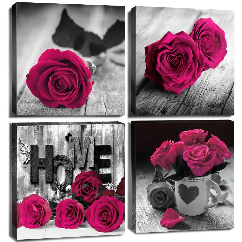 YOOOAHUBlack and White Wall Art Living Room Decor Dark Pink Flower Poster Home Decoration Rose Canvas Prints Pictures Floral Love Painting Bedroom Bathroom Modern Aesthetic Artwork 4Pcs/Set 12 × 12"