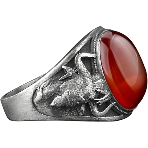 BySilverStone - Tiger's Eye Gemstone with Silver Signet Taurus Bull Ring for Men, Engraving on the Sides Zodiav Rings, Animal Lover Gift Rings for Birthday Gift