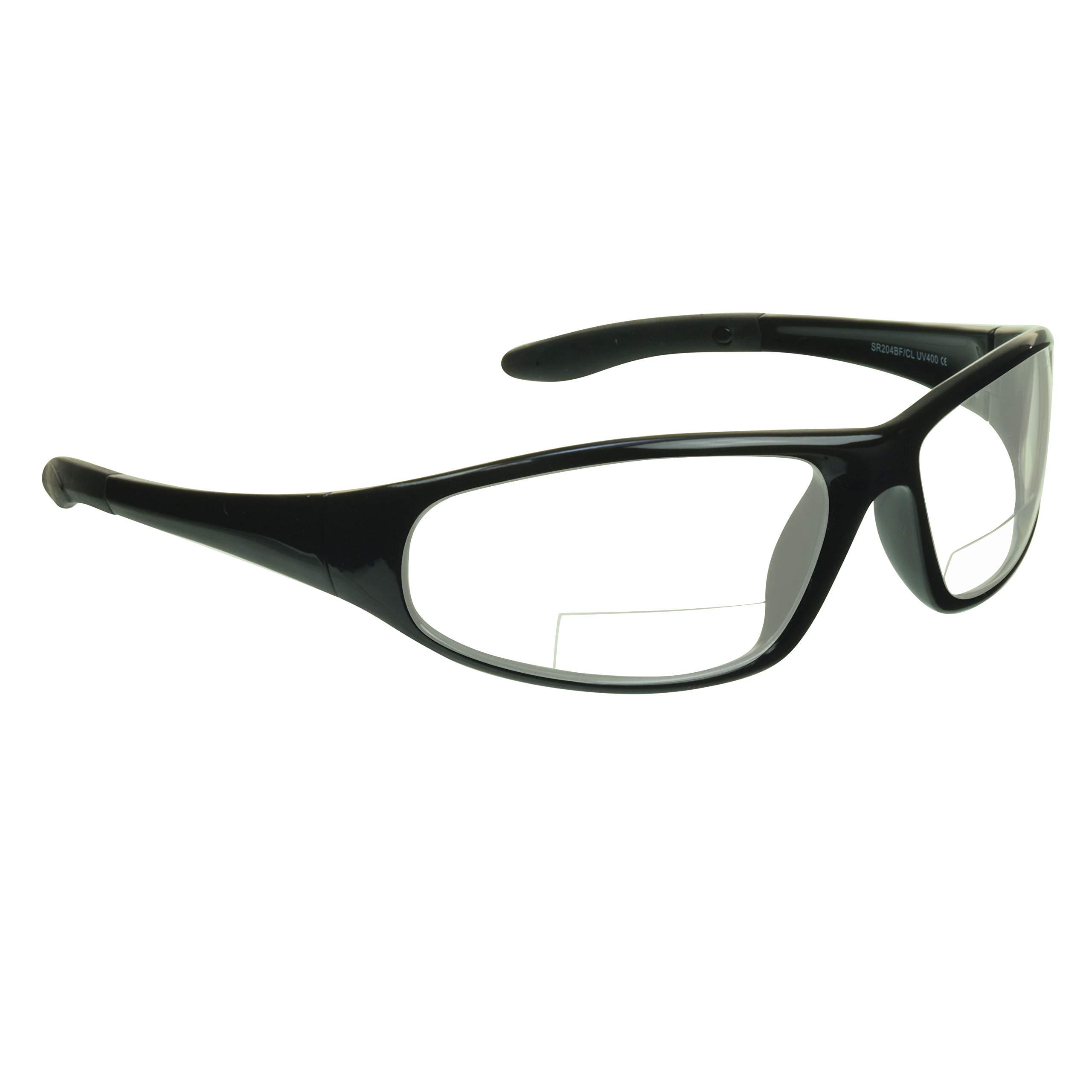 Bikershades Bifocal Safety Sunglasses Protection Sport Wrap Around Reader Outdoor Work Black Frame Clear Lens +2.00