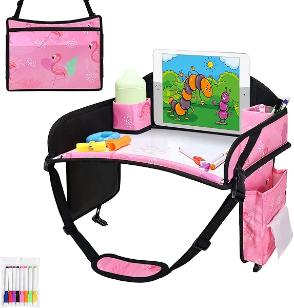 WENRENER Kids Travel Tray, Car Seat Tray for kids Travel, Toddler Road Trip Essentials With Drawing Kit, Toddler Lap Desk Organizer for Car, Carseat Table for Airplane