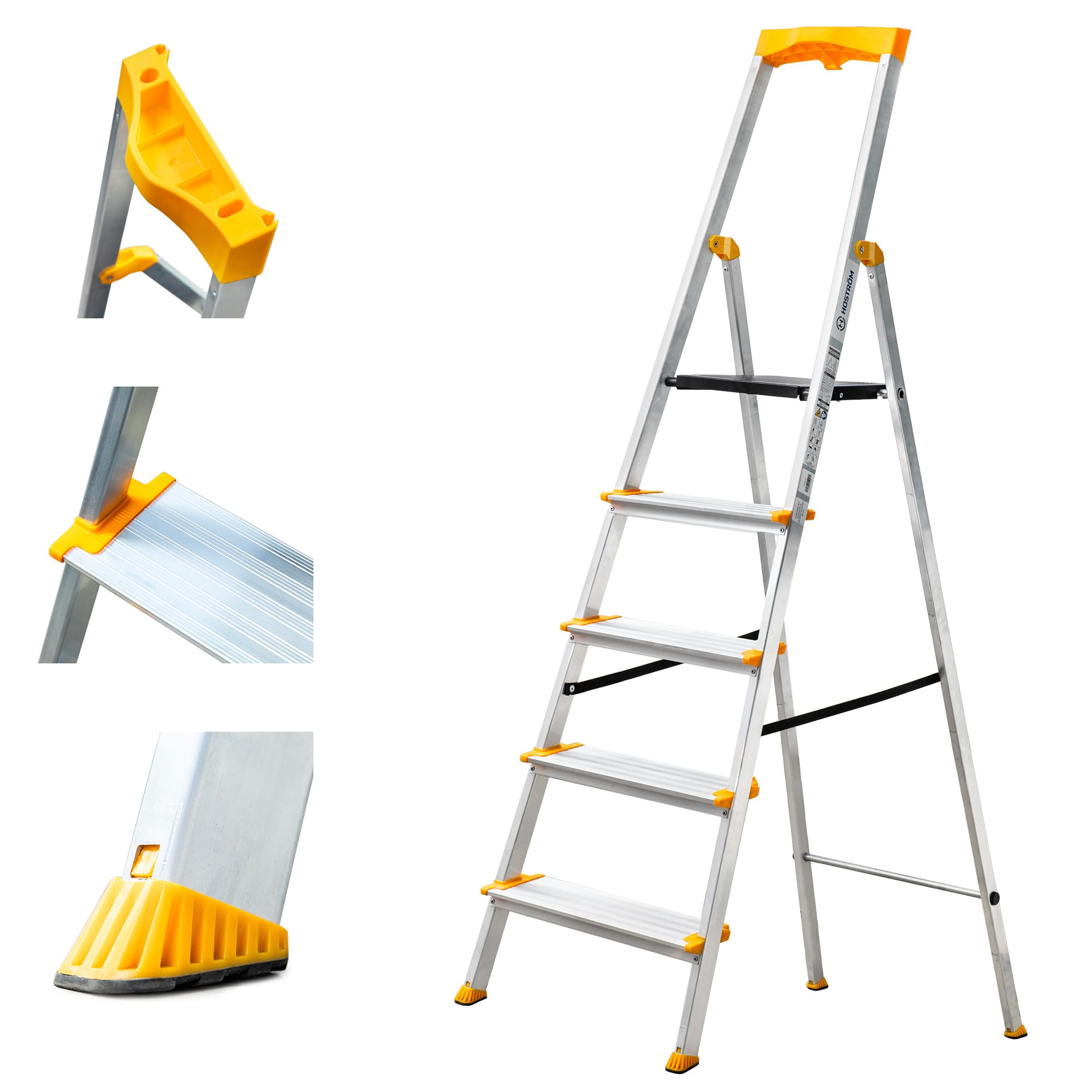 HOSTRÖM Escalera 5 peldaños de Aluminio, Taburete Plegable con Bandeja portaherramientas, peldaños 12 cm, Uso doméstico y Profesional, garantía 5 años.