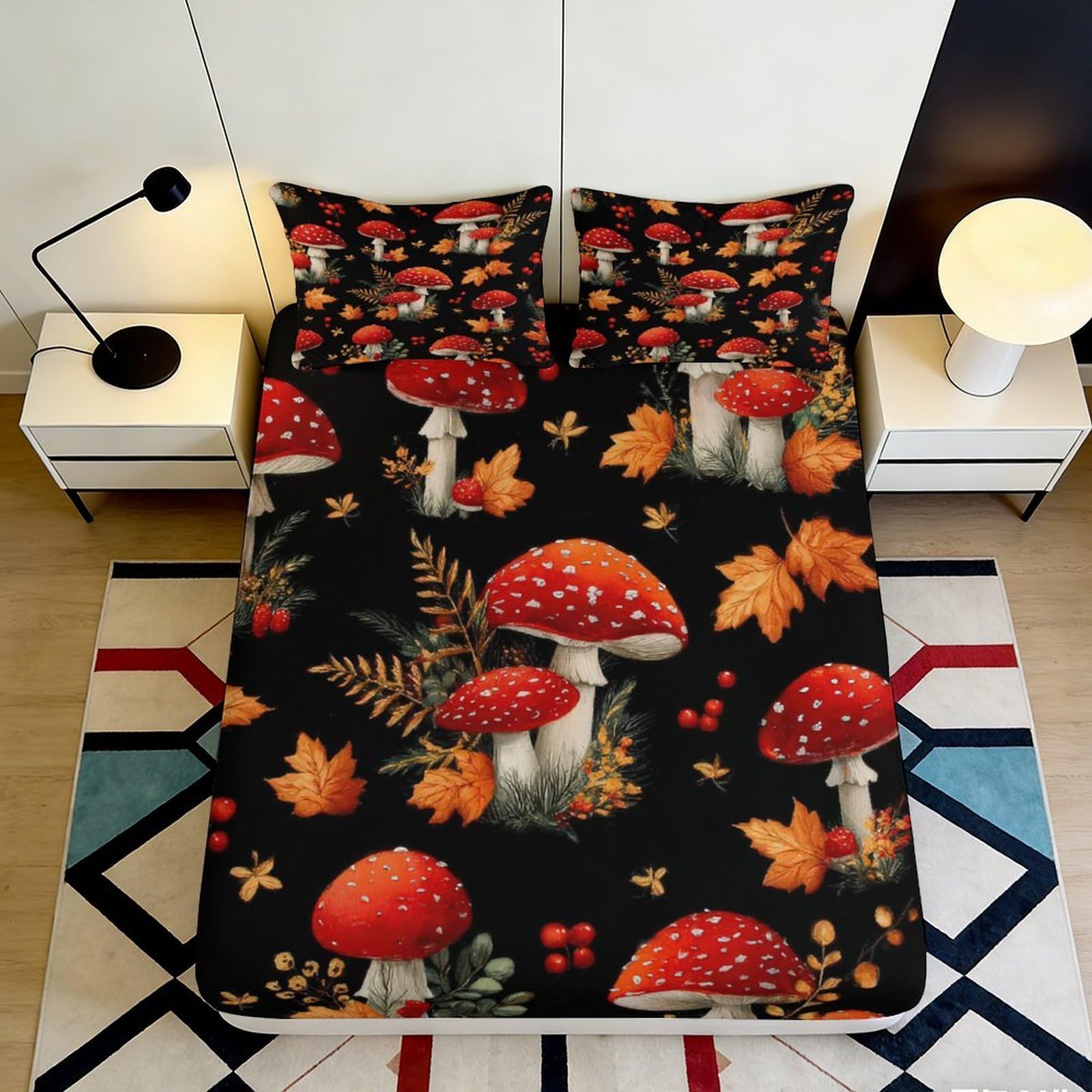 3D Printed Autumn Mushroom Fitted Sheet Microfiber Soft Breathable Forest Leaves Mattress Cover for Bedroom Dorm Decor 90x200x25cm