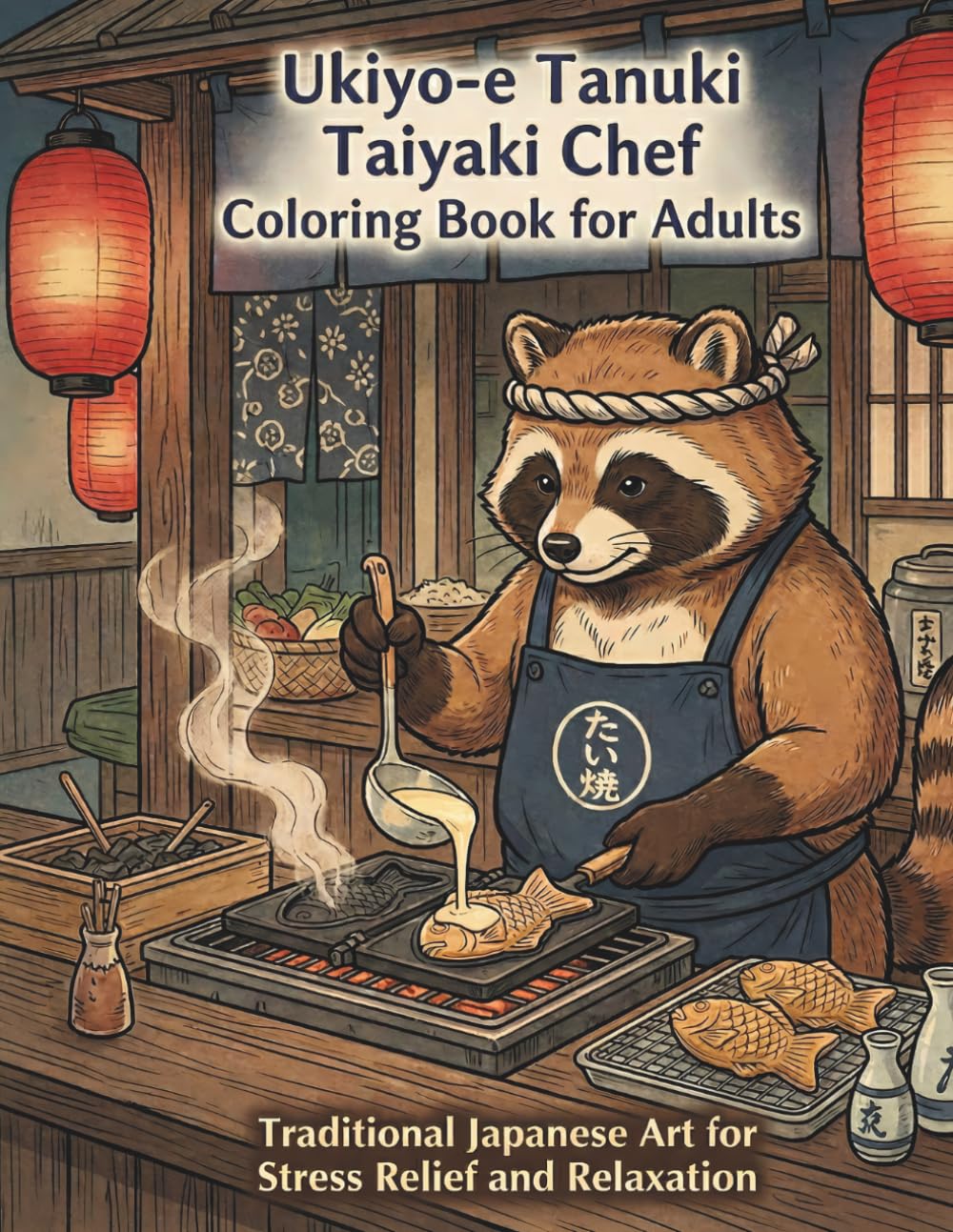 Ukiyo-e Tanuki Taiyaki Chef Coloring Book for Adults: Traditional Japanese Art for Stress Relief and Relaxation