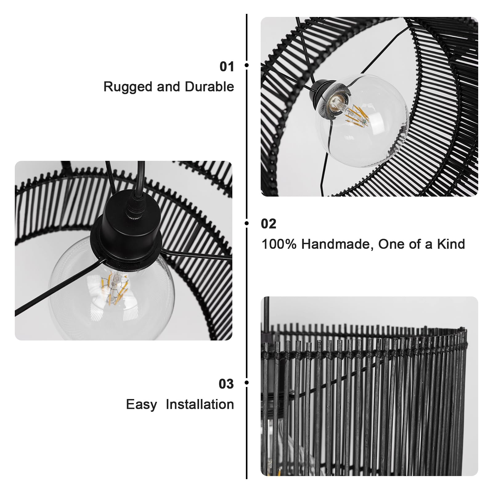 Slight Damage Rosient Woven Rattan Pendant Lamp, 16 Inch Large Natural Simple Hand Weaved Coastal Beach Black Rope Hanging Pendant Light Fixture for Dining Room Living Room Bedroom Kitchen Foyer