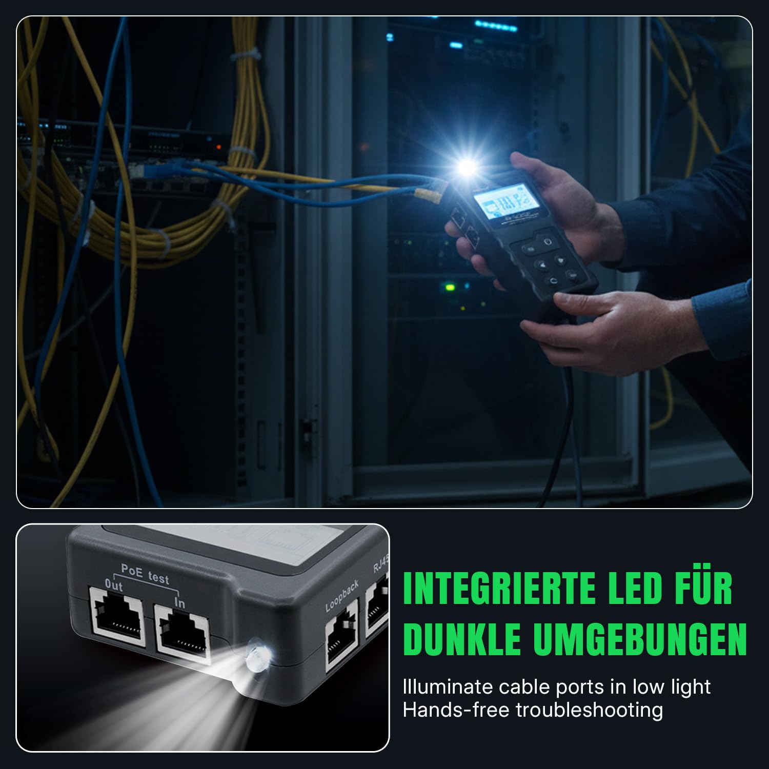 Multifunktions Kabeltester: RJ45 Netzwerktester mit PoE, Kontinuitätstest, Spannungsmessung & LED-Beleuchtung - Ideal für CAT5e/CAT6/CAT6a Ethernet Kabel