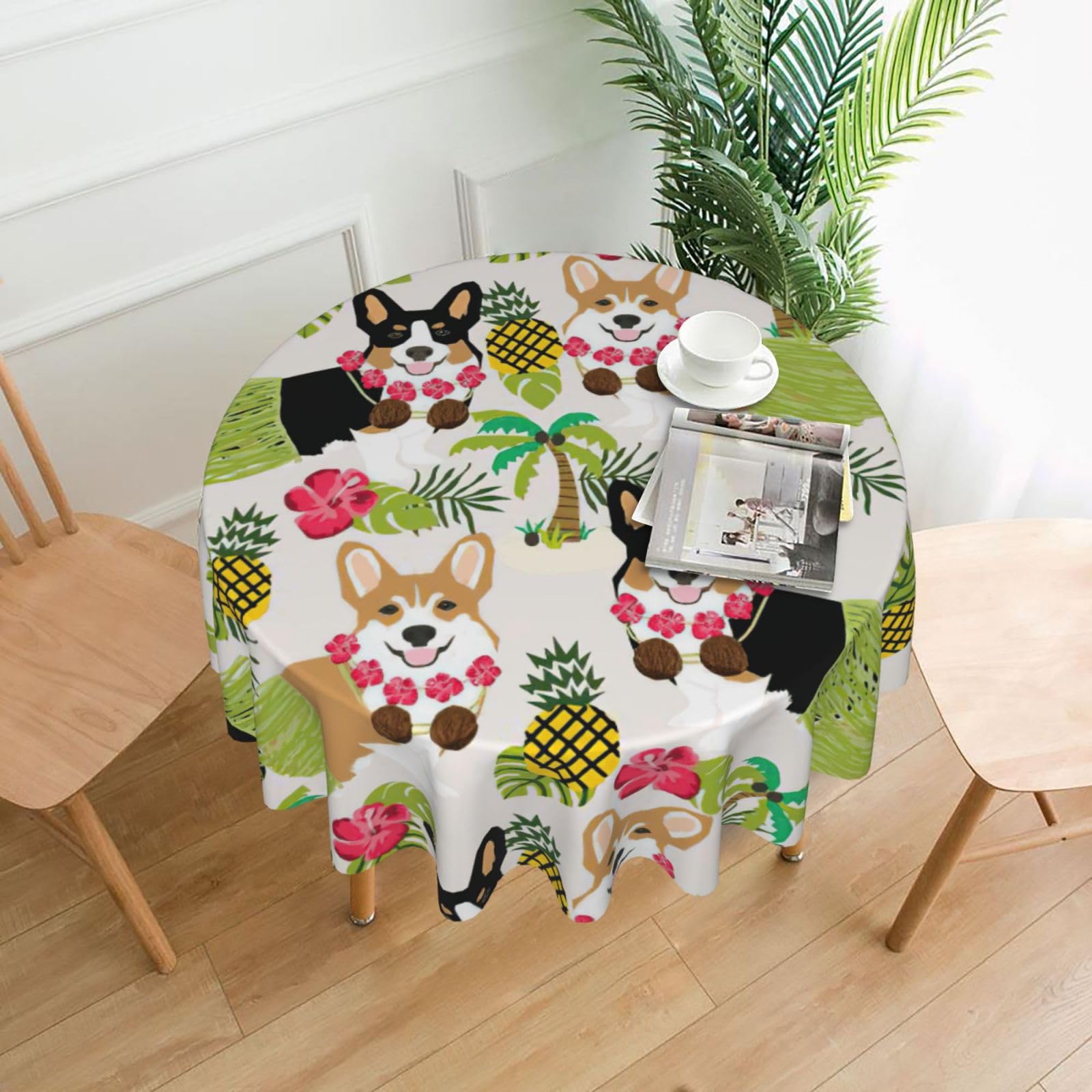 SDEGTHO tropical flower and corgi Print Modern Retro Round Tablecloth 60in Polyester Fabric Cover for Party Dining Table Washable