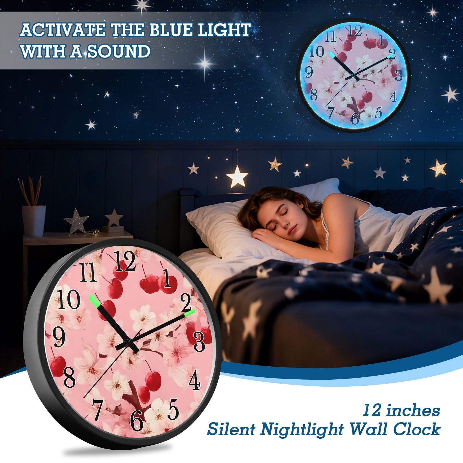 Mnsruu Reloj de pared luminoso con flores rosadas, reloj de pared que brilla en la oscuridad, funciona con pilas, 12 pulgadas, silencioso, sin tictac, luz nocturna para dormitorio