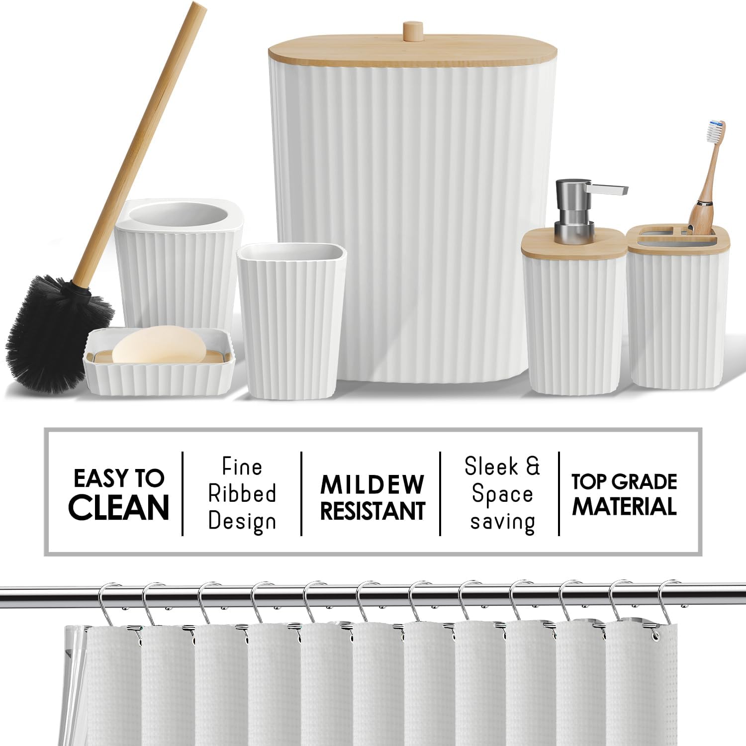 White and Bamboo 25-Piece Bathroom Accessory Set with Shower Caddy