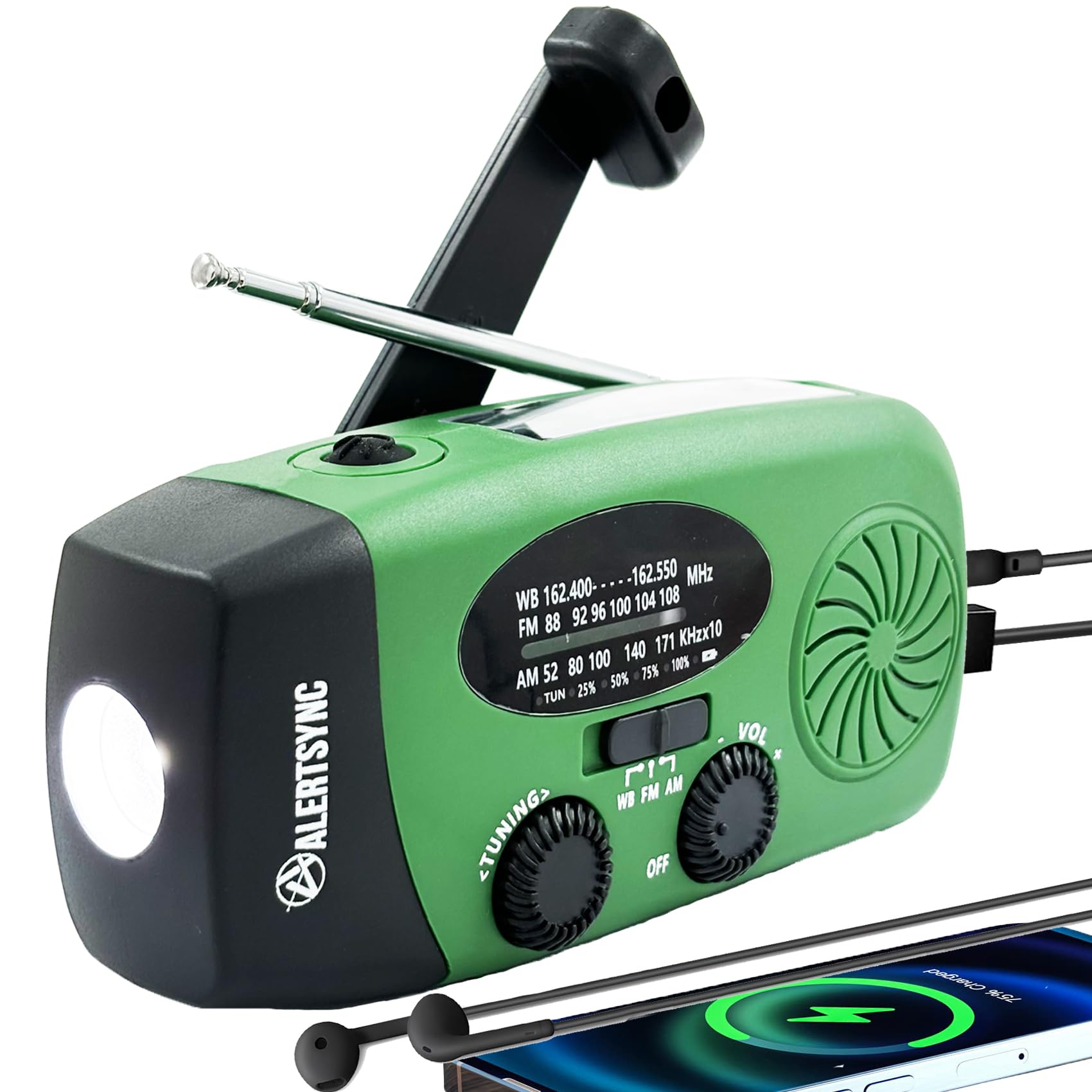 2024 Upgrade 5000mah Alertsync NOAA Weather Emergency Radio with Solar Charging, AM FM Hand Crank Windup Radio SOS Alarm LED Flashlight with Earphone Jack for Home, Camping, Survival Hurricane (Green)-image-24