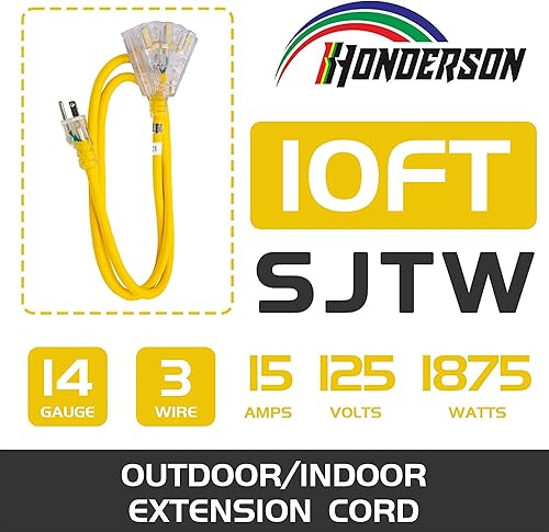 Miniatura 2 de Cable de extensión iluminado para exteriores de 10 pies con 3 tomas de corriente, cable de extensión amarillo resistente SJTW 143 con enchufe a