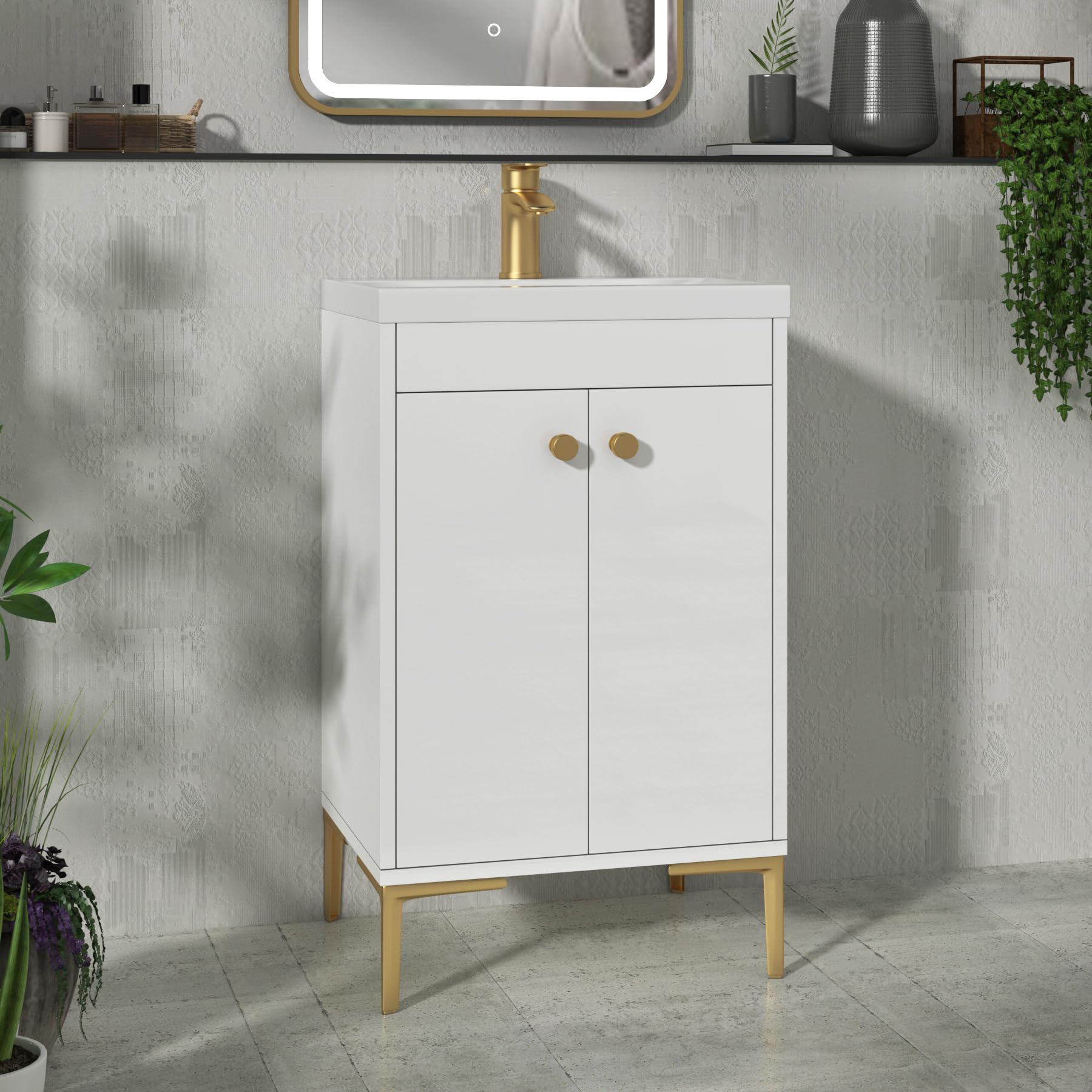 Royal Bathrooms Verona 500mm Floor Standing Vanity Unit Mid-Edge Basin 2 Door Cabinet Furniture Gloss White with Brushed Brass Knob