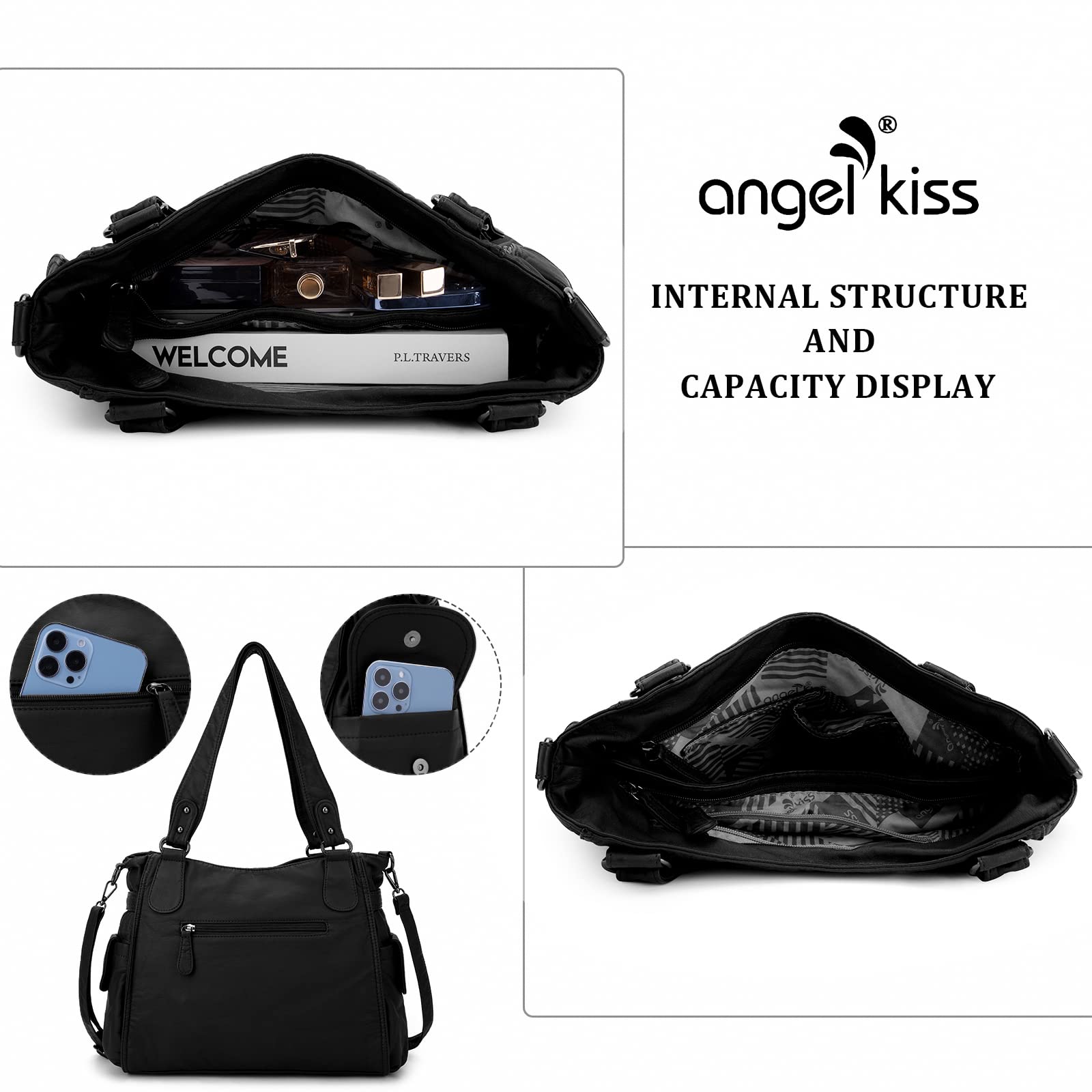 ZOCAI AngelKiss Handtasche Damen Schultertasche Multifunktionale Umhängetaschen Gewaschenes Veganes Leder Wasserdicht mit Reißver Schlusstaschen Reißverschlusstasche
