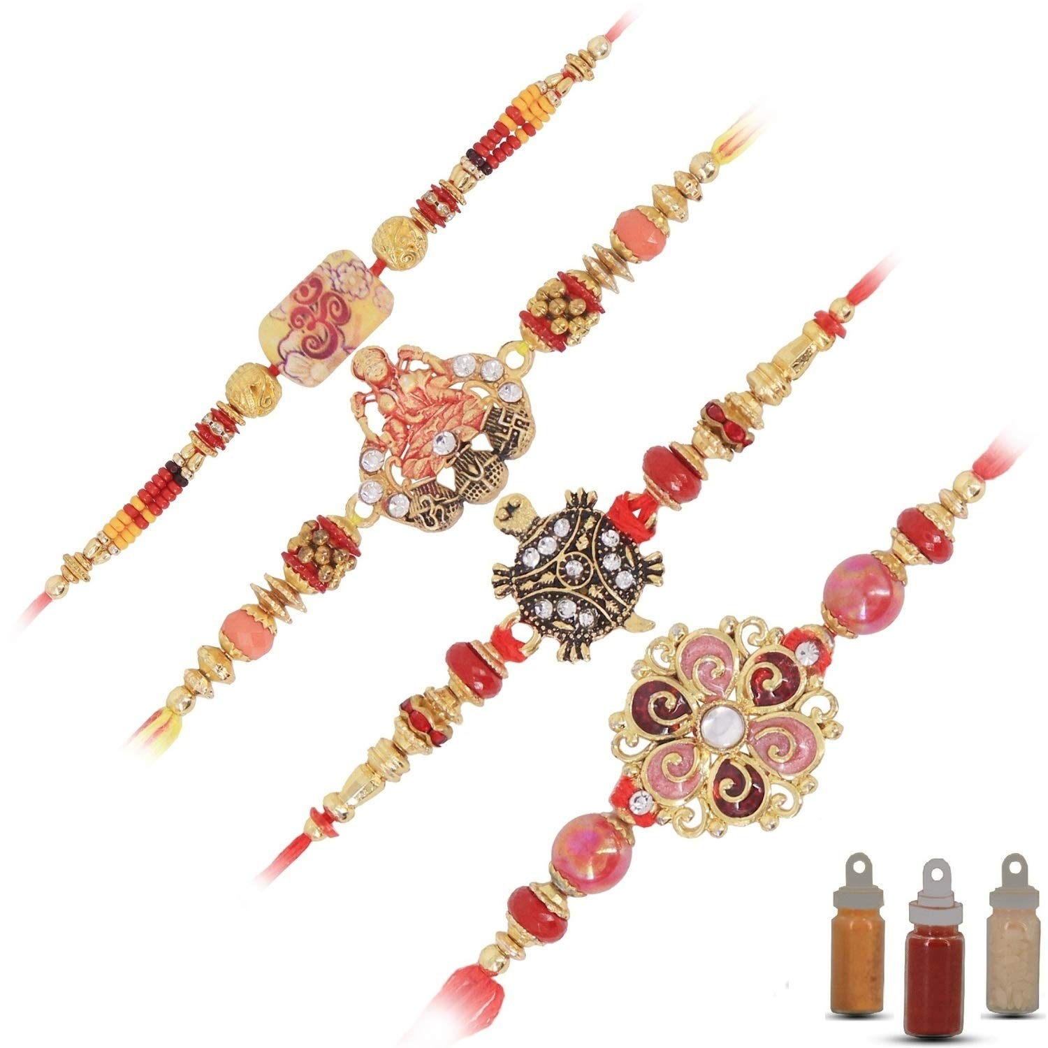 Aseenaa Rakhi Combo For Brother With Roli Haldi Chawal For Tikka | Kundan, Turtle, Shree Lakshmi And Om Rakhi | Traditional Gift For Brother/bhaiyya | Colour - Yellow/Red (A15A16A17A18) | Set Of 4