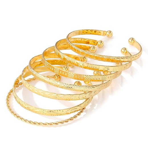 IFKM Gold Bangle Bracelets For Women, 14k Gold Plated Multi Layer Stackable Cuff Bracelet Set, Trendy Elegance Charms Non Tarnish Minimalist Textured Boho Jewelry Gift for Women
