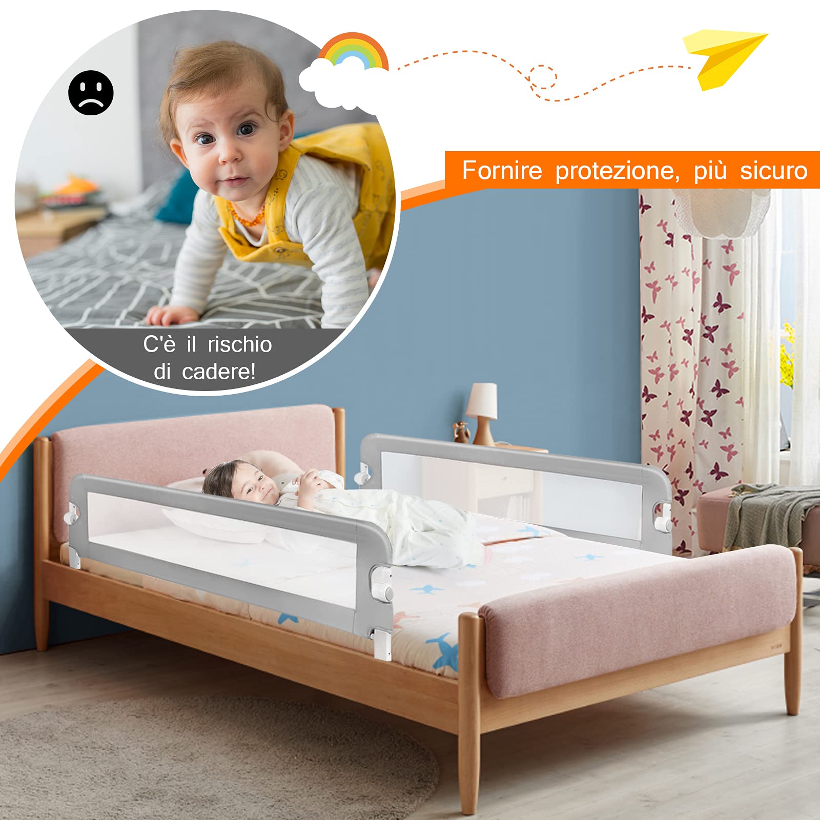 GYMAX Sponda del Letto per Bambini, Paracolpi Barriera di Sicurezza Pieghevole per Lettino, Letto Singolo Matrimoniale Queen King (Grigio, 105 x 38 x 43 cm)
