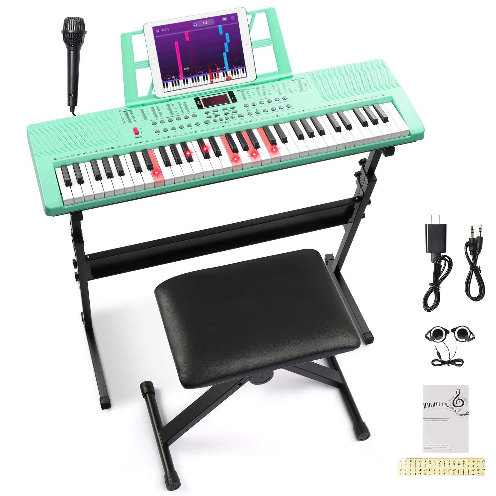 Ktaxon 61 Key Keyboard Piano Electric Keyboard with Lighted Keys | Electric Piano Set with Headphones, Microphone, Music Rest, Power Adapter, Stand, Piano Bench, Stickers & Manual(Full-Green)