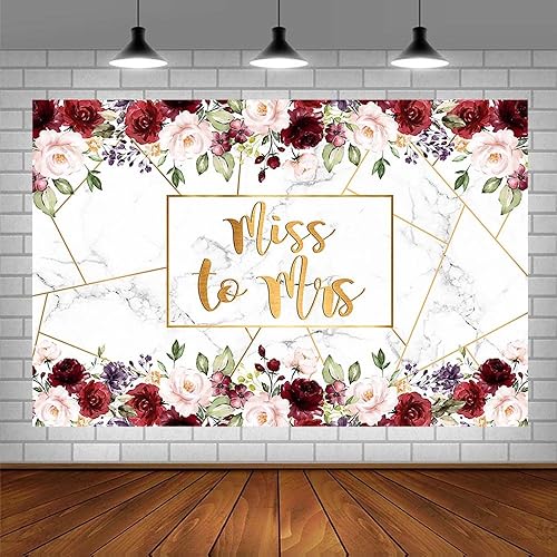 Miniatura 3 de Sendy Telón de fondo de Miss to Mrs de 7 x 5 pies para despedida de soltera, mármol burdeos, rosa, rosa, floral, suministros de decoración de
