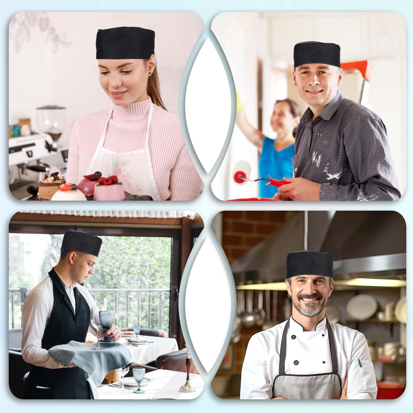 KALIONE Lot de 4 chapeaux de chef unisexes pour homme, bonnets à sushi à dessus plat pour adulte, bonnets de cuisine réglables avec dessus en maille respirante (noir), Noir