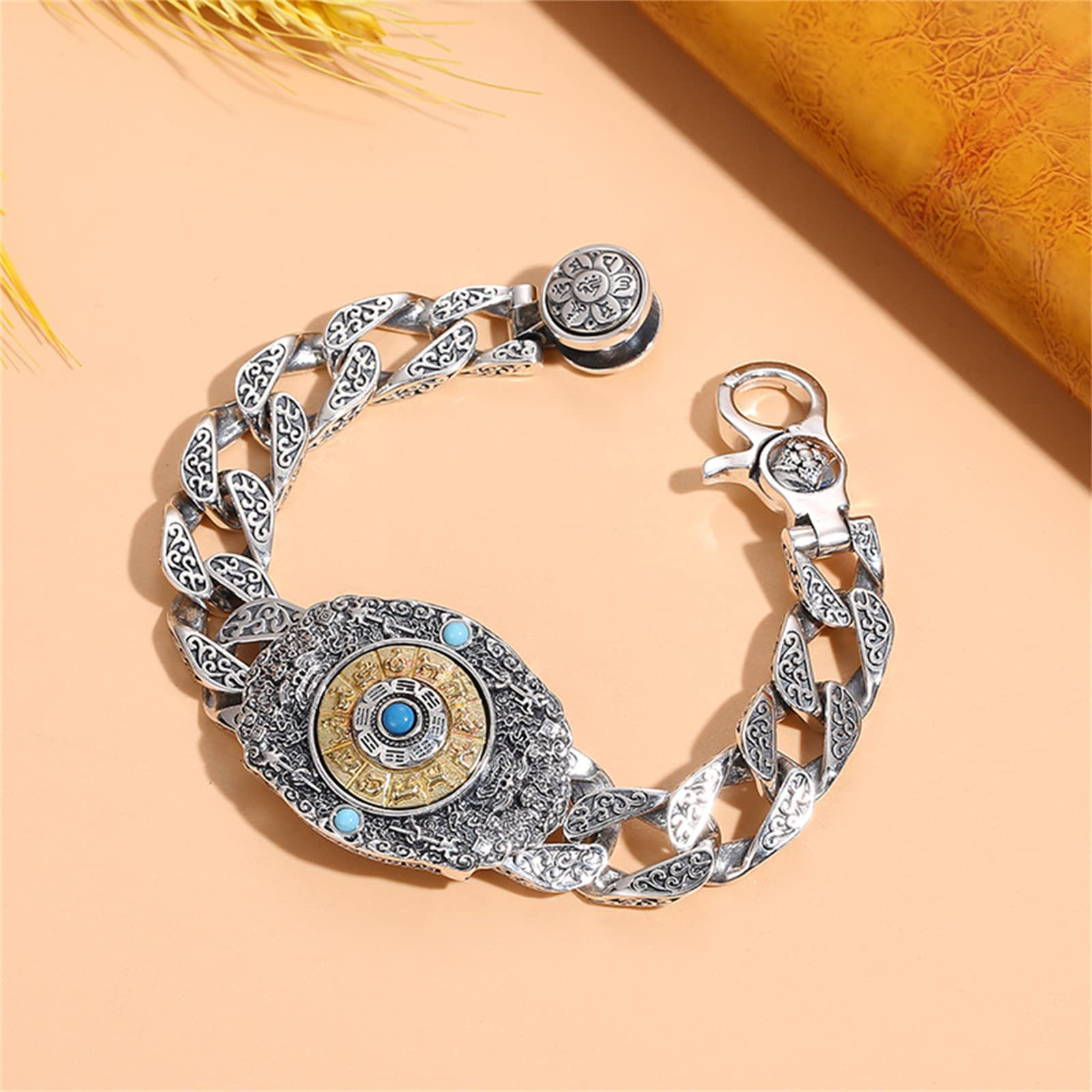 Brazalete taoísta Jiugong Bagua plata ley S925, brazalete plata ley vintage gótico para hombre, Plata, 20 cm