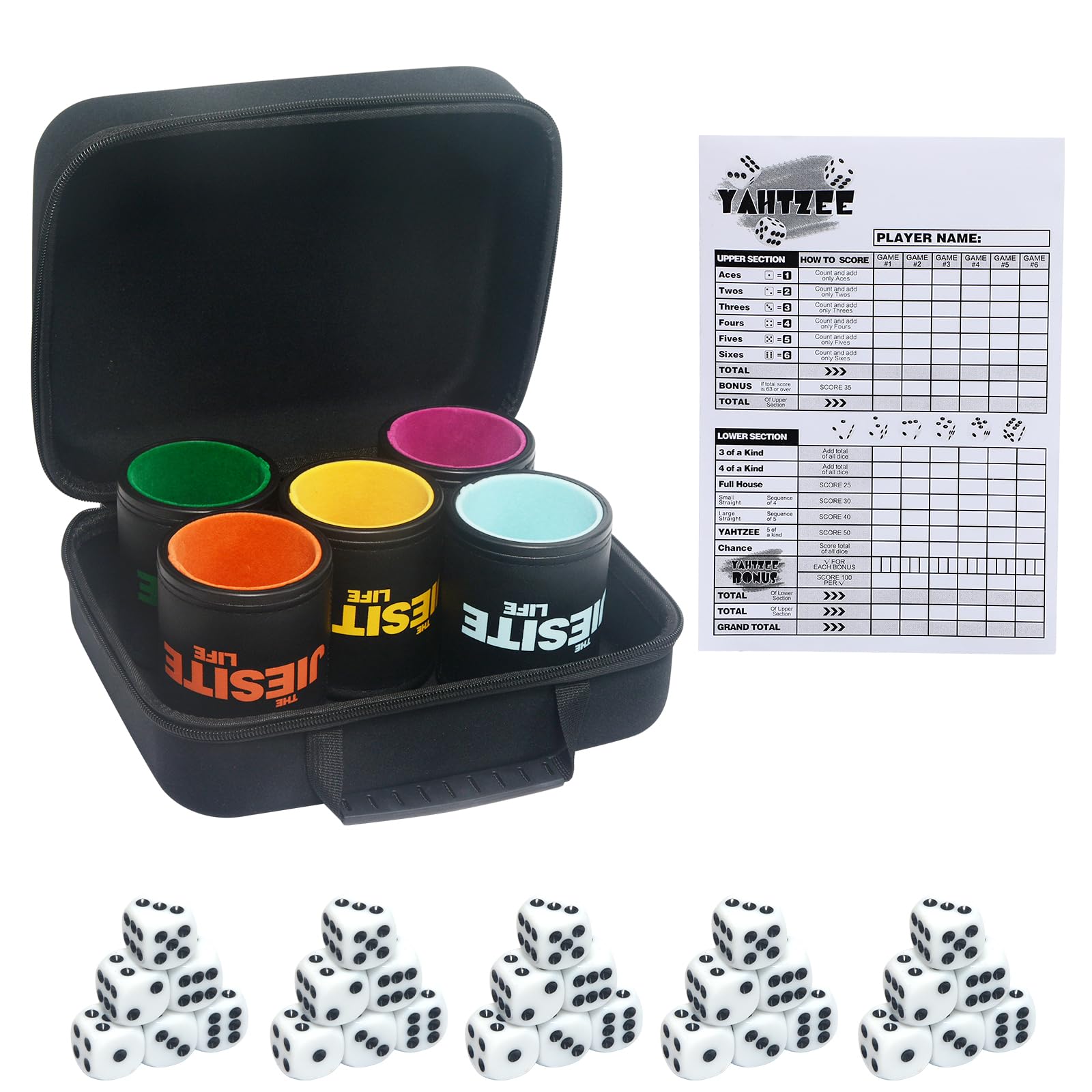 Leather Dice Cup Set Lined Quiet Dice Shaker Cup with 5 Dice Cup and 30 Acrylic Dices Exclusive Storage and Transport Case for Travel Yahtzee Game