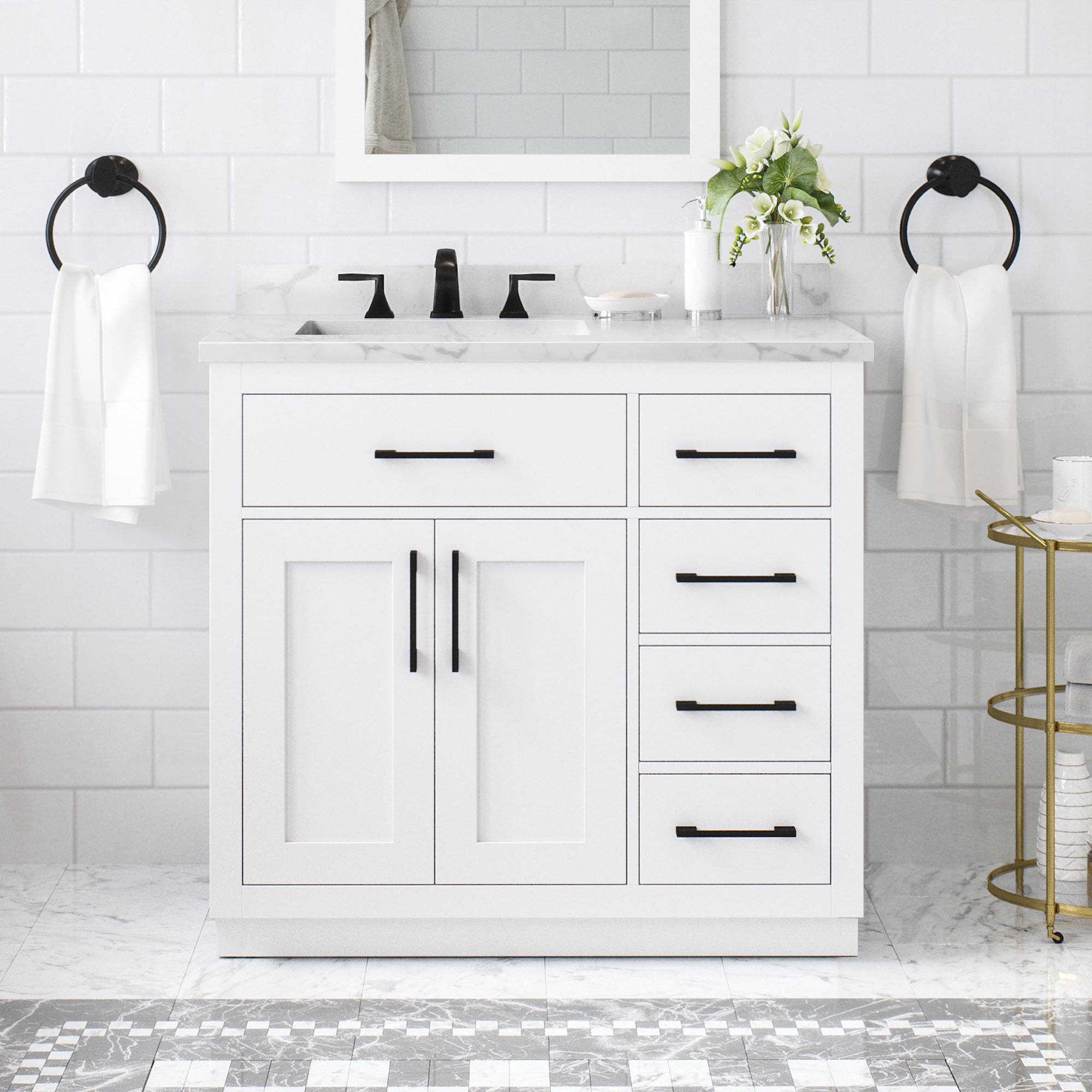 OVE Decors Athea 36" White Bathroom Vanity, Matte Black Hardware