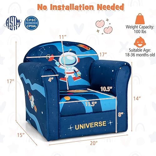 Miniatura 3 de HONEY JOY Sofá para niños, sillón para niños pequeños con patrón de astronauta, mini muebles de sala de juegos para niños, construcción de madera