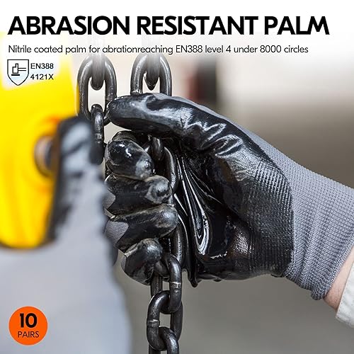 Miniatura 3 de VGO - 10 pares de guantes de trabajo de seguridad, guantes de jardinería, revestimiento de nitrilo antideslizante, guantes de inmersión (talla XL,
