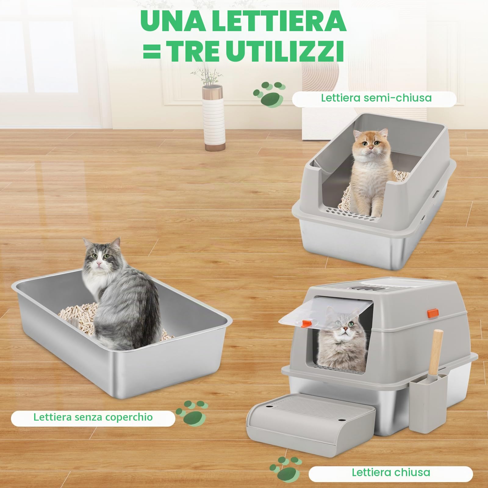 Lettiera Gatto Chiusa con pala e pedali,Lettiera Toilette per Gatti Chiusa,Grande Capacità,mit Doppeltem Eingang für Katzen aller Größen,Grigio
