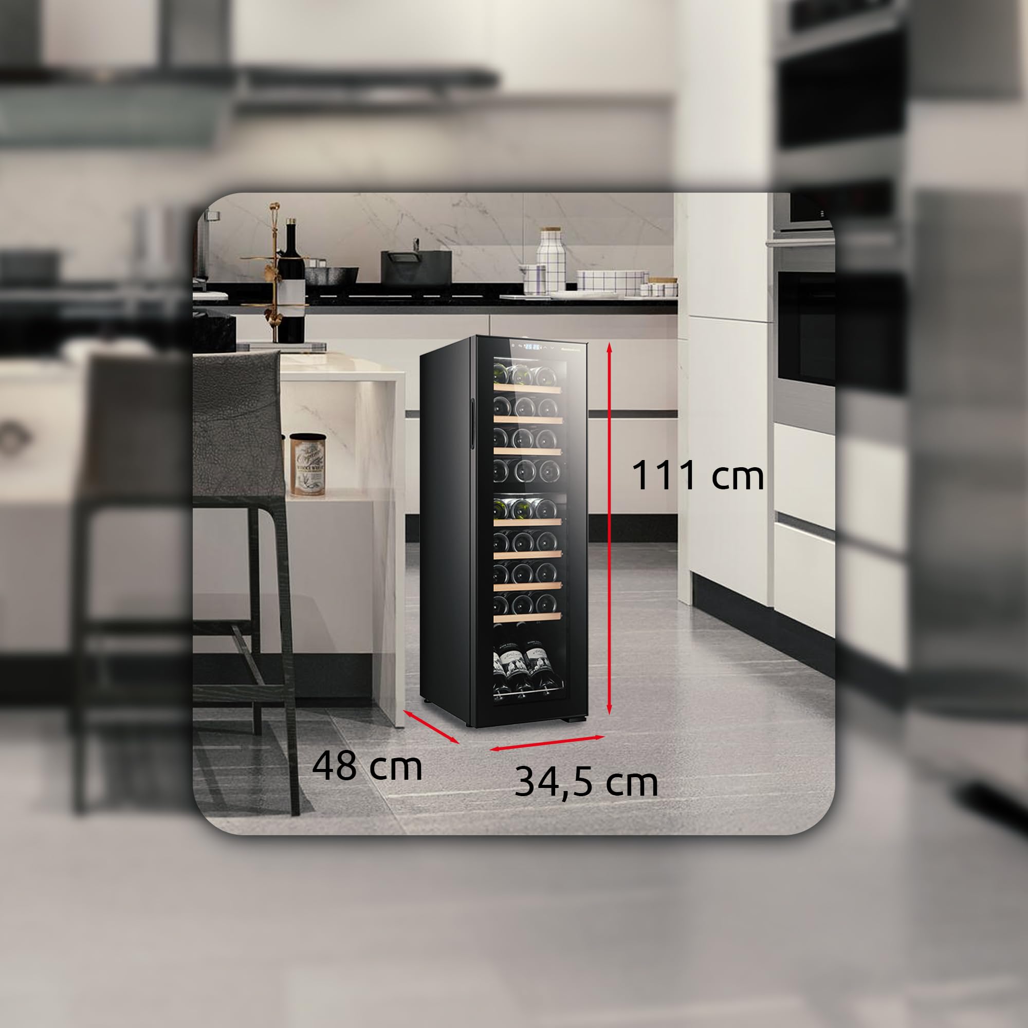 Melchioni Family | VERMENTINO 27C DUAL, Cantinetta 27 bottiglie, Doppia Temperatura, 74L, Compressore, Luce interna, Temperatura regolabile, 5-18°C, Display touch, Porta in vetro, Ripiani in legno