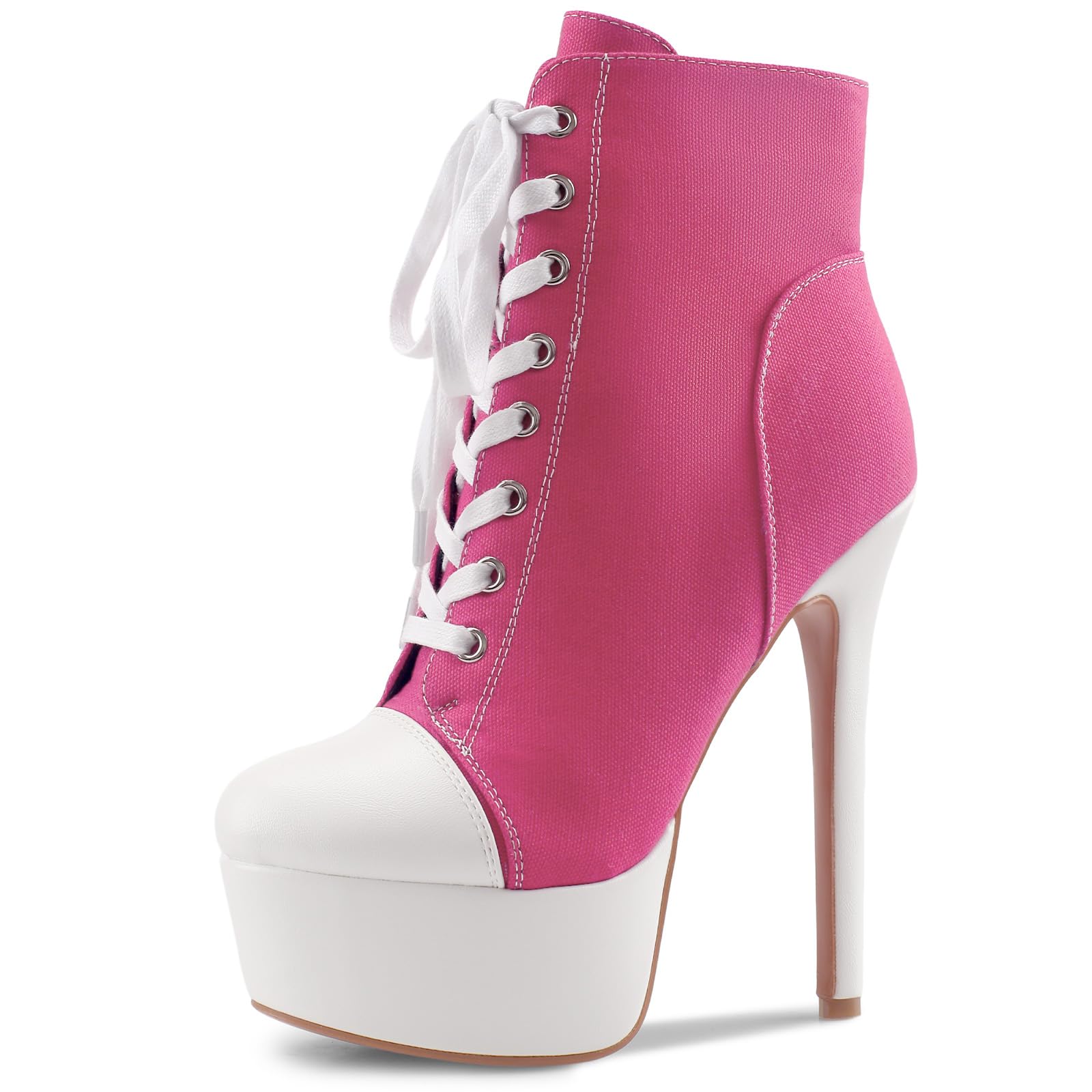 Womens Black Platform Ankle Boots Stiletto High Heel Short Boot Lace-Up Canvas Sneaker Booties Closed Round Toe Shoes