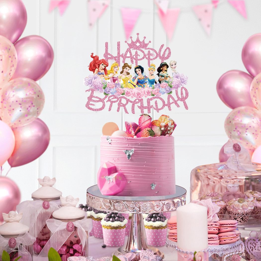 Princess Cake Topper for Girls - Pink Glitter Birthday Decoration Theme Party Supplies, 7.5" x 4.7" - Image 3