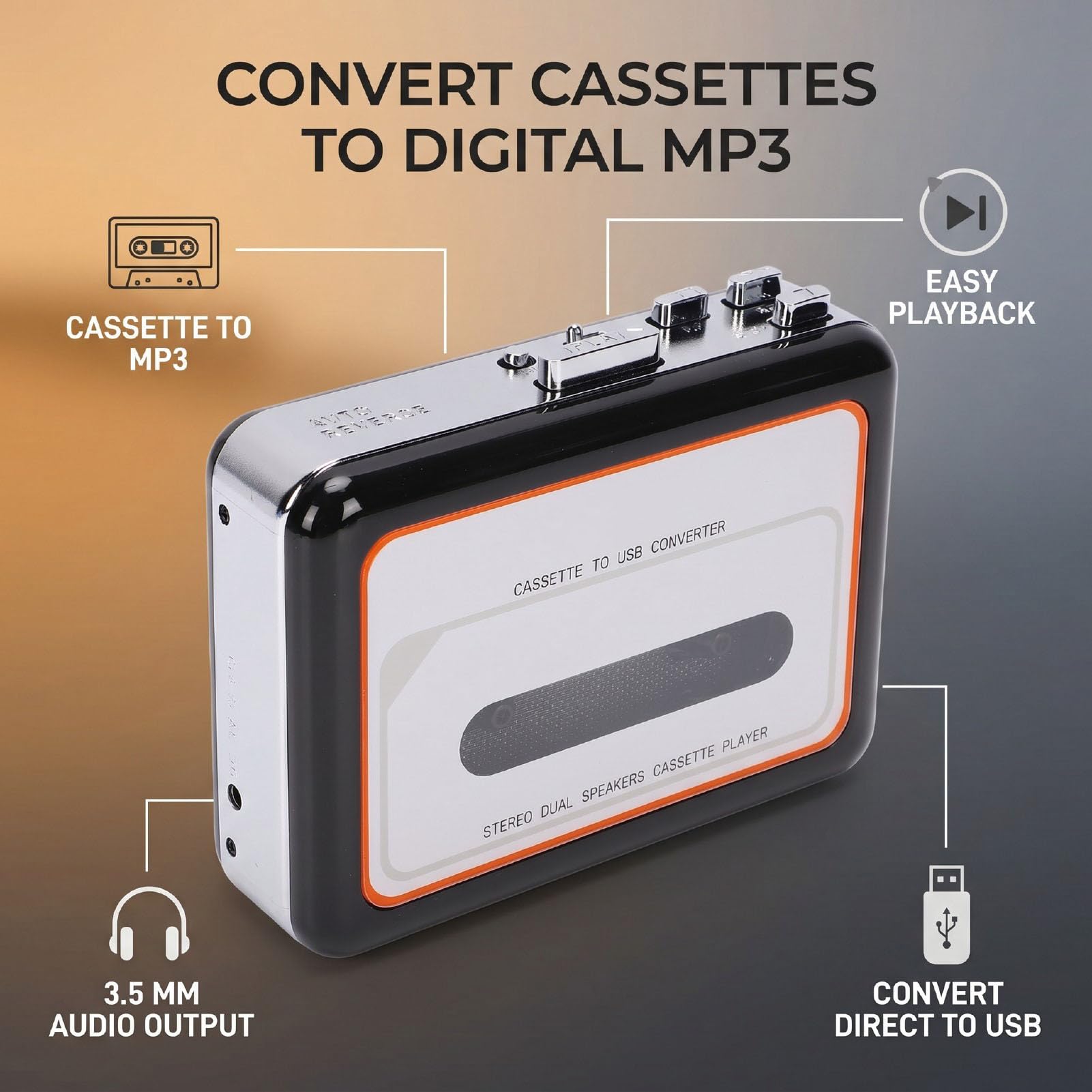 Annadue Lettore di Cassette USB Portatile con Doppi Altoparlanti Integrati per Anziani | Convertitore da nastro a MP3, batterie AA, registratore portatile a doppia alimentazione USB con cuffie da 3,5 mm
