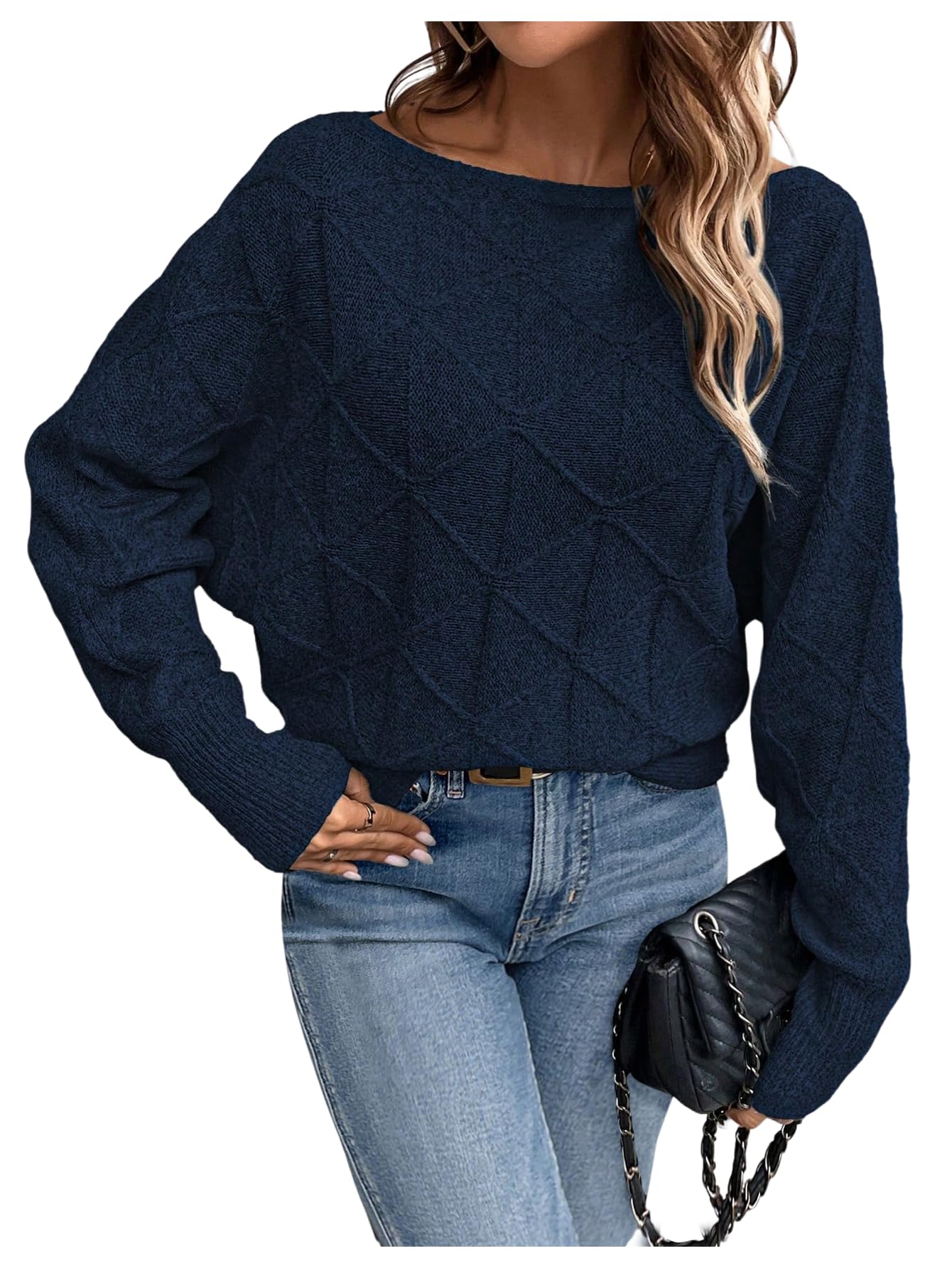 Verdusa Womens Dolman Sleeve Argyle Sweater Boat Neck Pullover Knit Tops