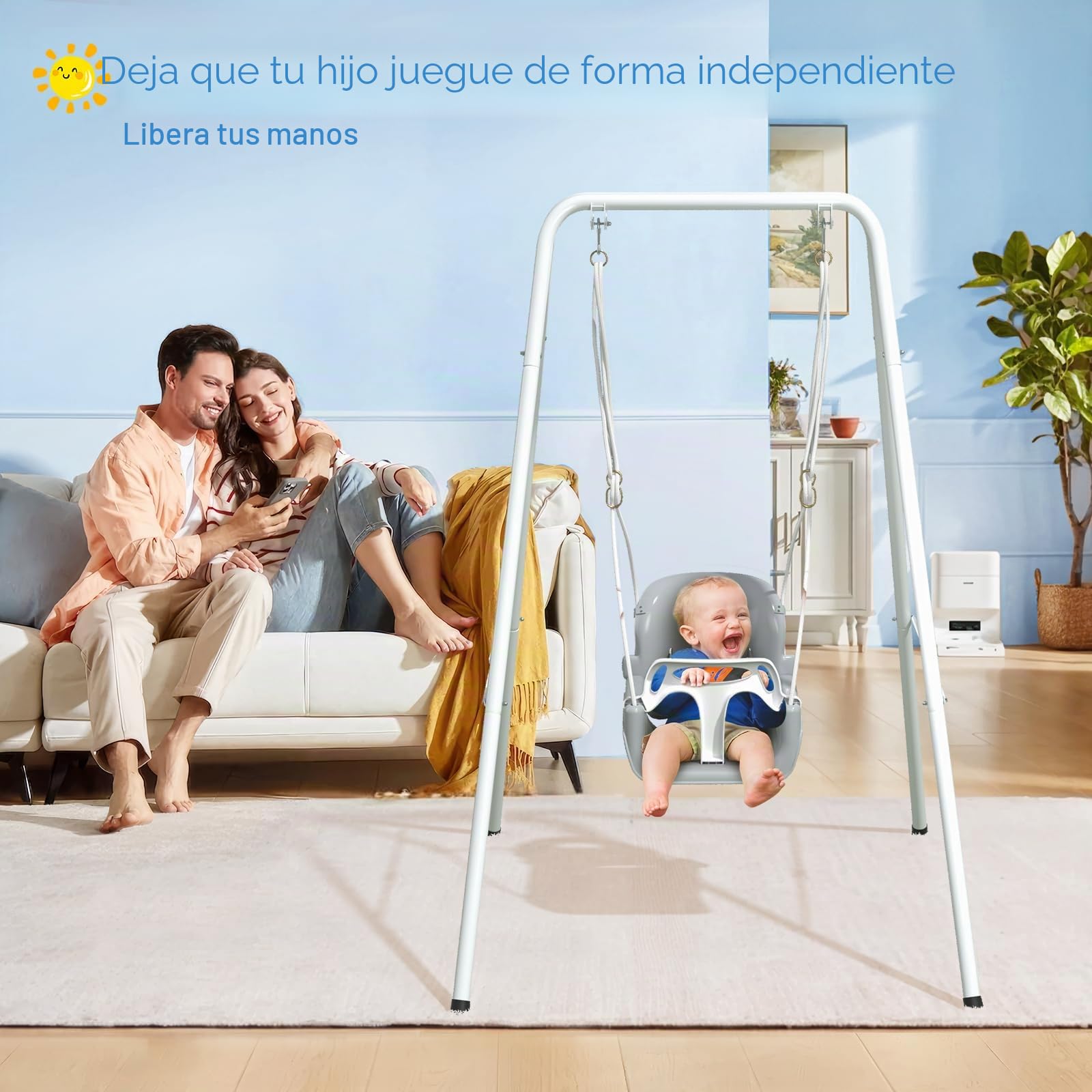 Baby Swing con el Marco 2 en 1, el Columpio para niños con un Soporte de Metal, el cinturón de Seguridad, Sentado para Interiores y al Aire Libre (Blanco)