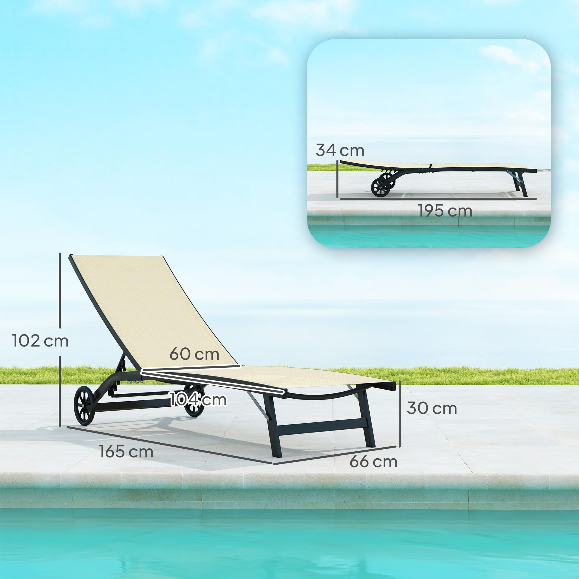 Outsunny Lot de 2 Bains de Soleil transat Chaise Longue inclinable en Aluminium et textilène avec roulettes Dossier Multipositions Charge Max. 150 Kg Kaki