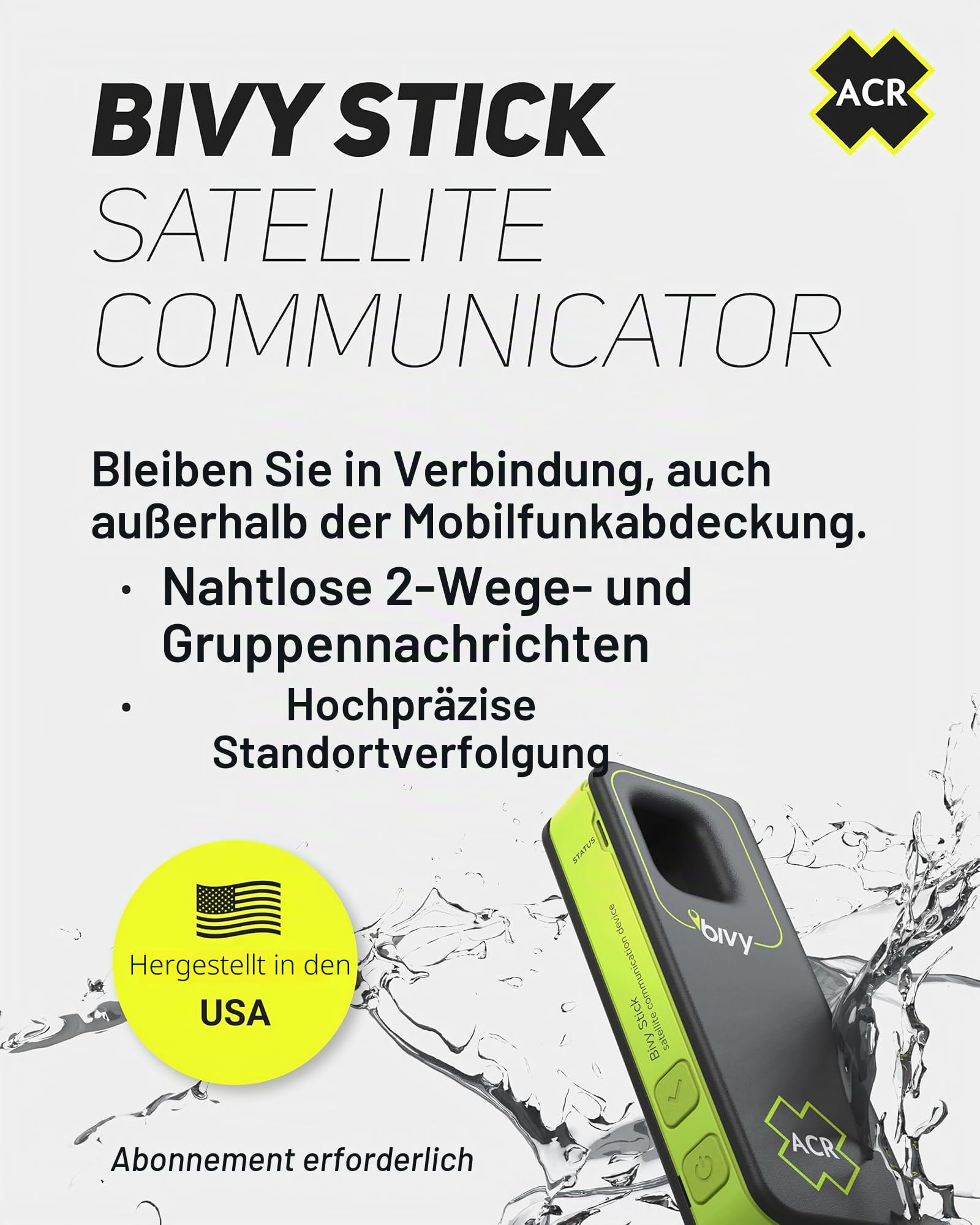 ACR Bivy Stick Satellitenkommunikator – Weltweite Zwei-Wege-SMS, GPS-Tracker, Off-Grid-Kommunikation, SOS-Notrufsender, Satelliten-Messenger & Standortfreigabe – iOS-/Android-App