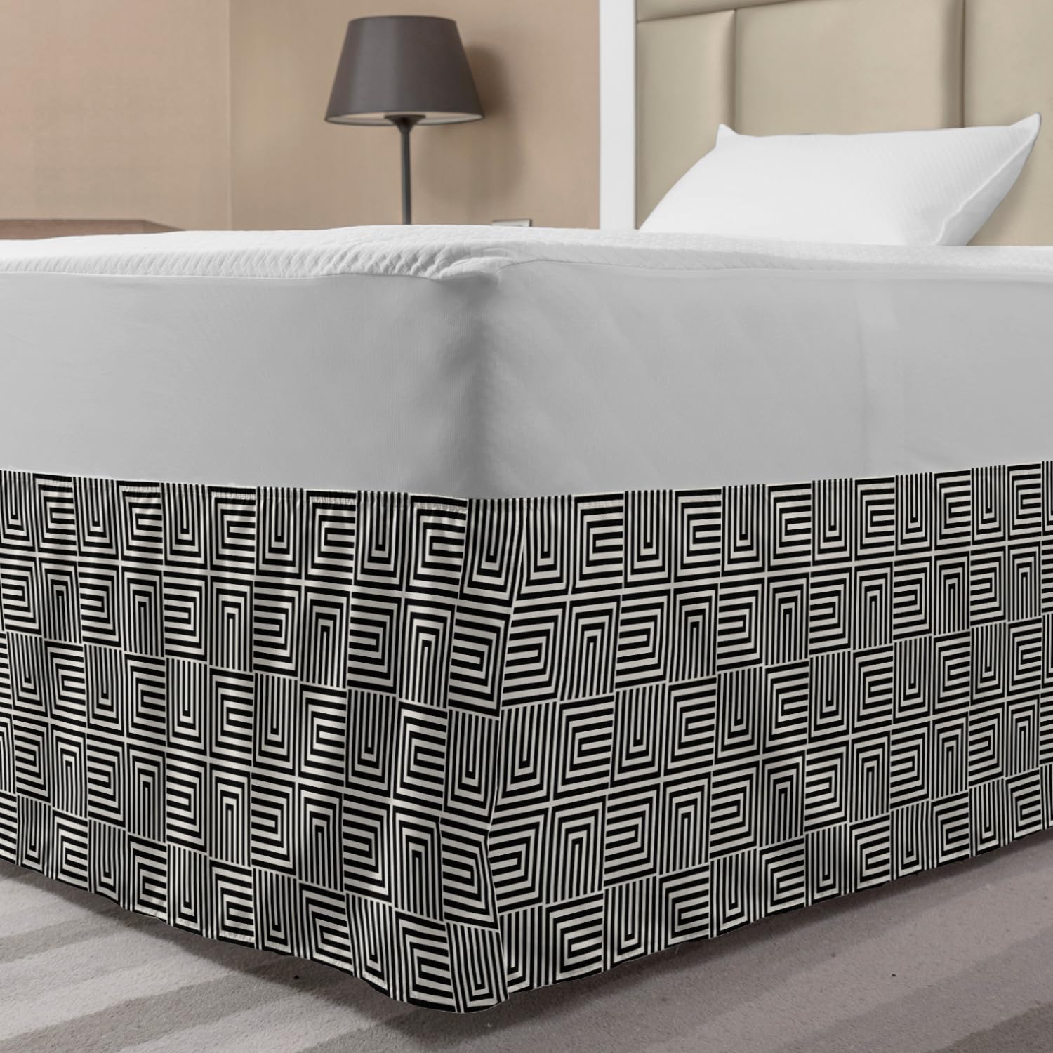 Lunarable Geometric Elastic Bed Skirt Abstract Retro Style Pattern of Stripes Tiling Simplistic Labyrinth Wrap Around Fabric Bedskirt