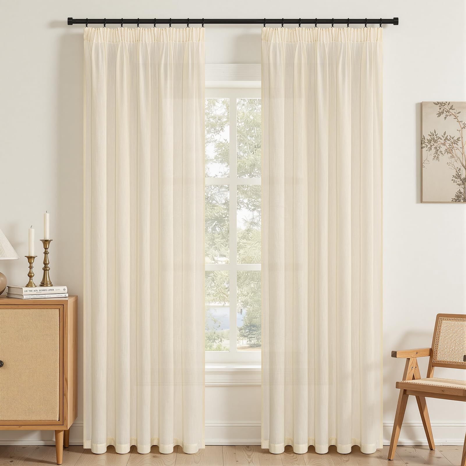 Topfinel Leinen Gardinen Vorhänge mit Kräuselband Voile Vorhang Halbtransparent Vorhänge Schlafzimmer Gardinen Wohnzimmer Modern Scheibengardinen 2 Stücke Ösenschal Boho