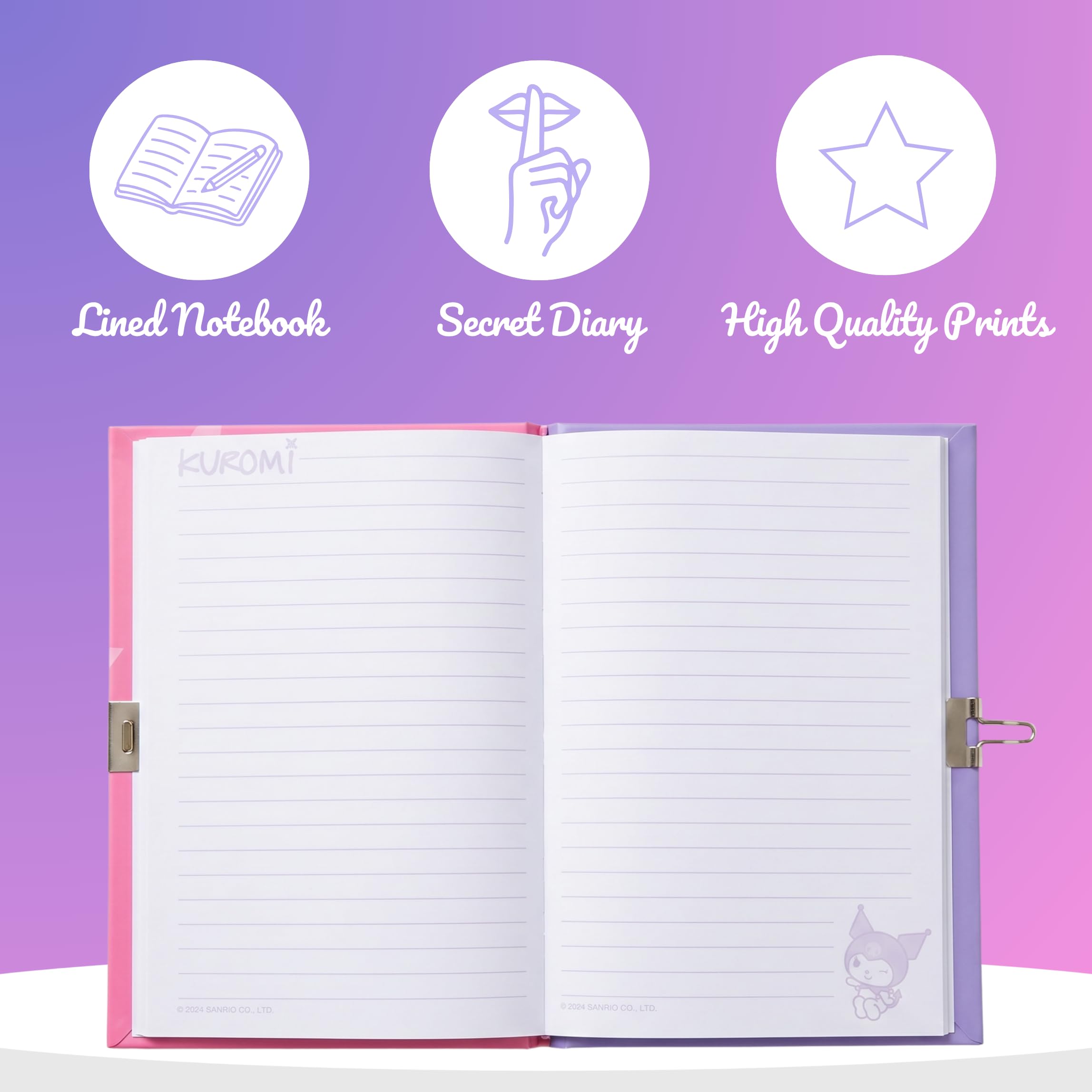 Hello Kitty Kuromi Juego de Papelería para Niñas, Incluye Cuaderno Pegatinas Boligrafo Candado y Llaves, Regalo para Niñas